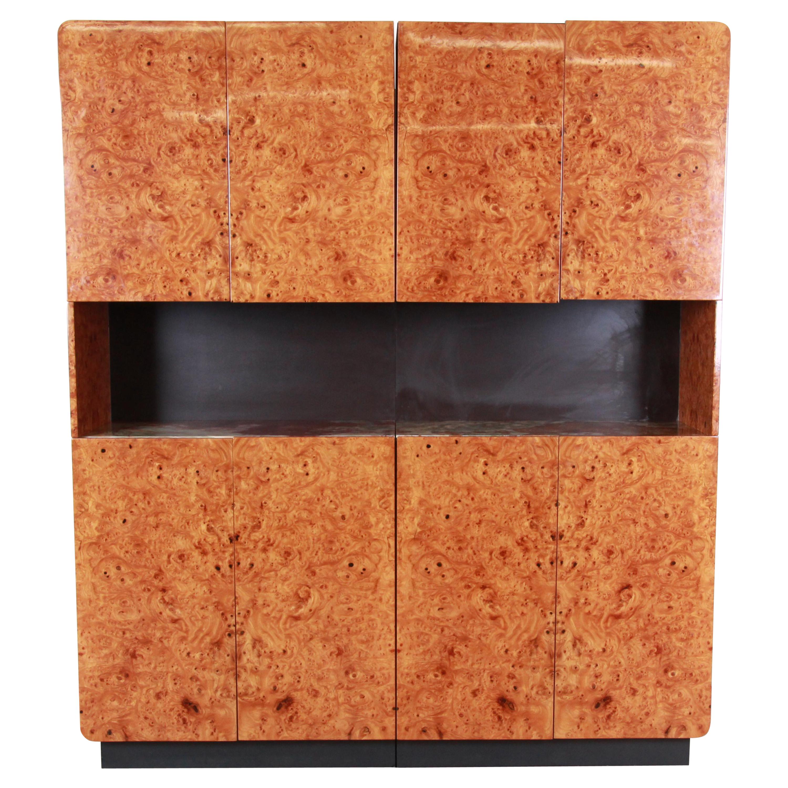 Leon Rosen for Pace Collection Burl Wood Lighted Bar Cabinet or Wall Unit