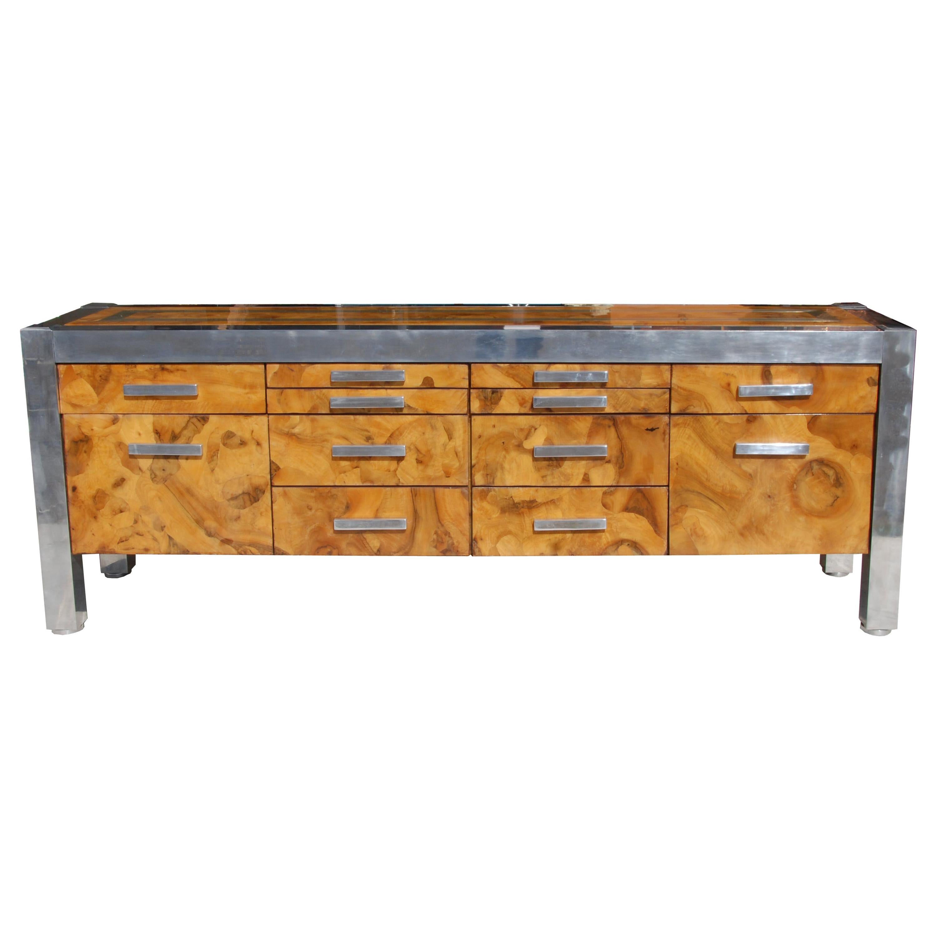 Leon Rosen for Pace Collection Burled Wood and Chrome Credenza