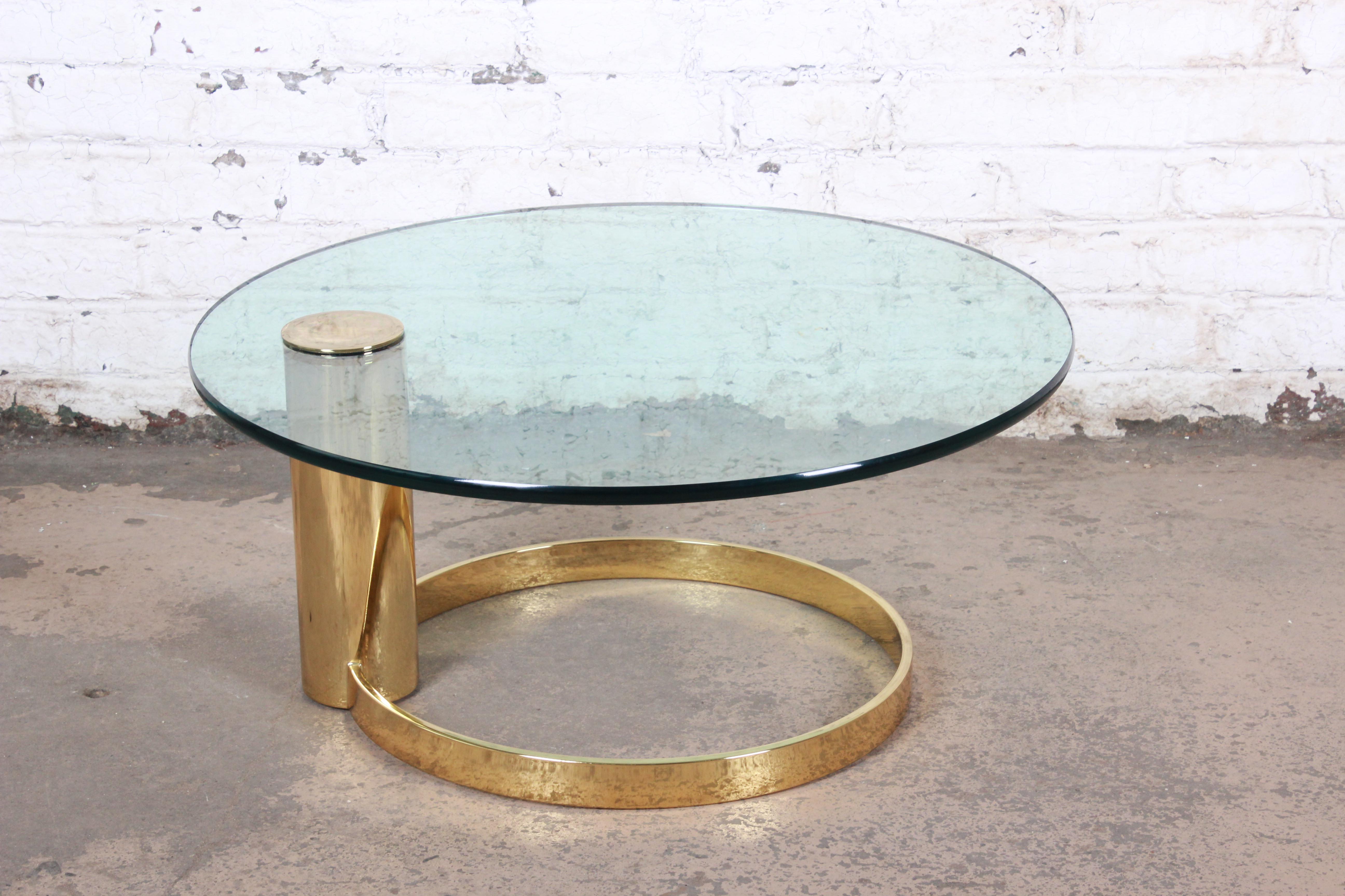 Leon Rosen for Pace Collection Cantilevered Brass and Glass Coffee Table In Good Condition In South Bend, IN