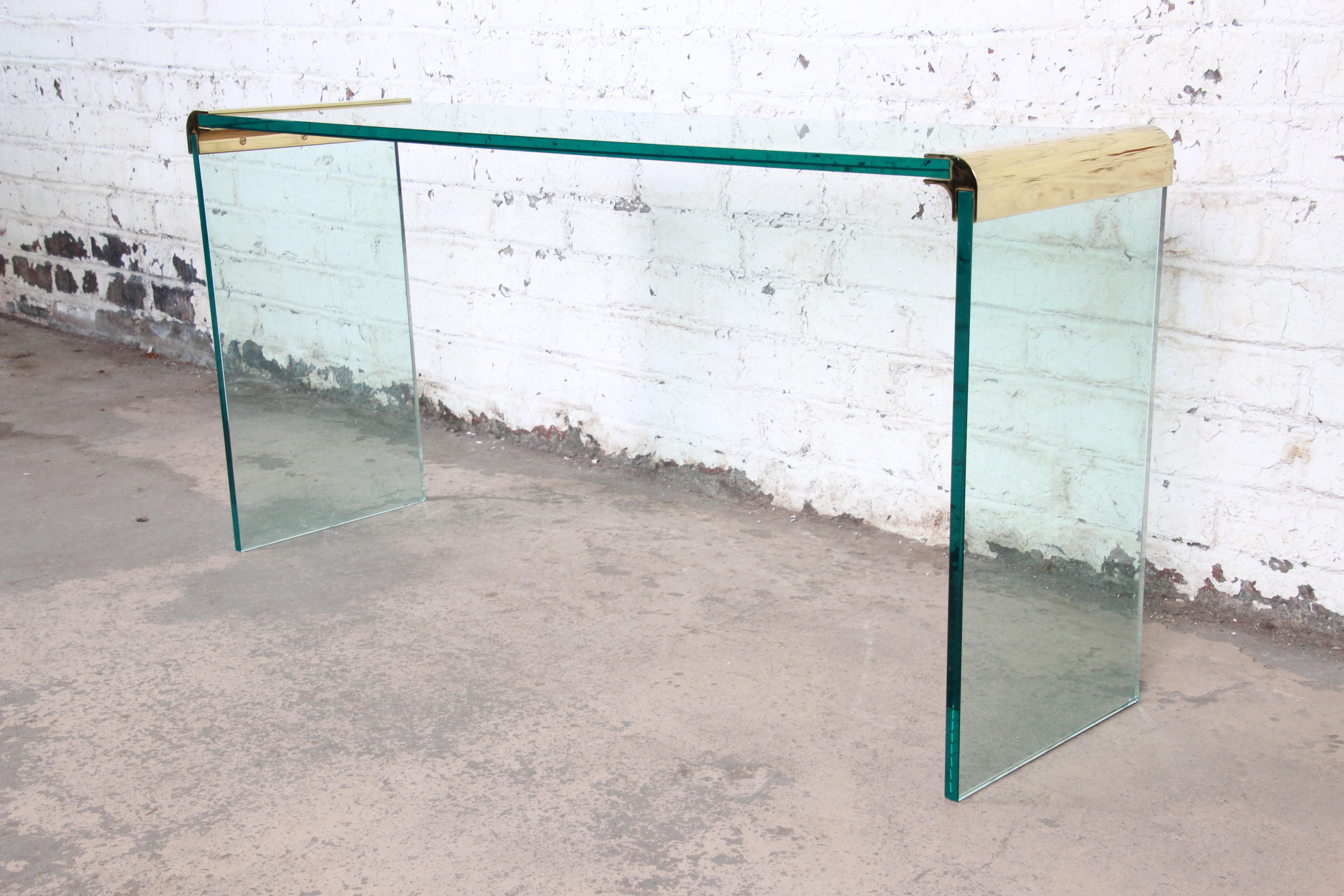 Mid-Century Modern Leon Rosen for Pace Collection Glass and Gilt Bronze Waterfall Console Table