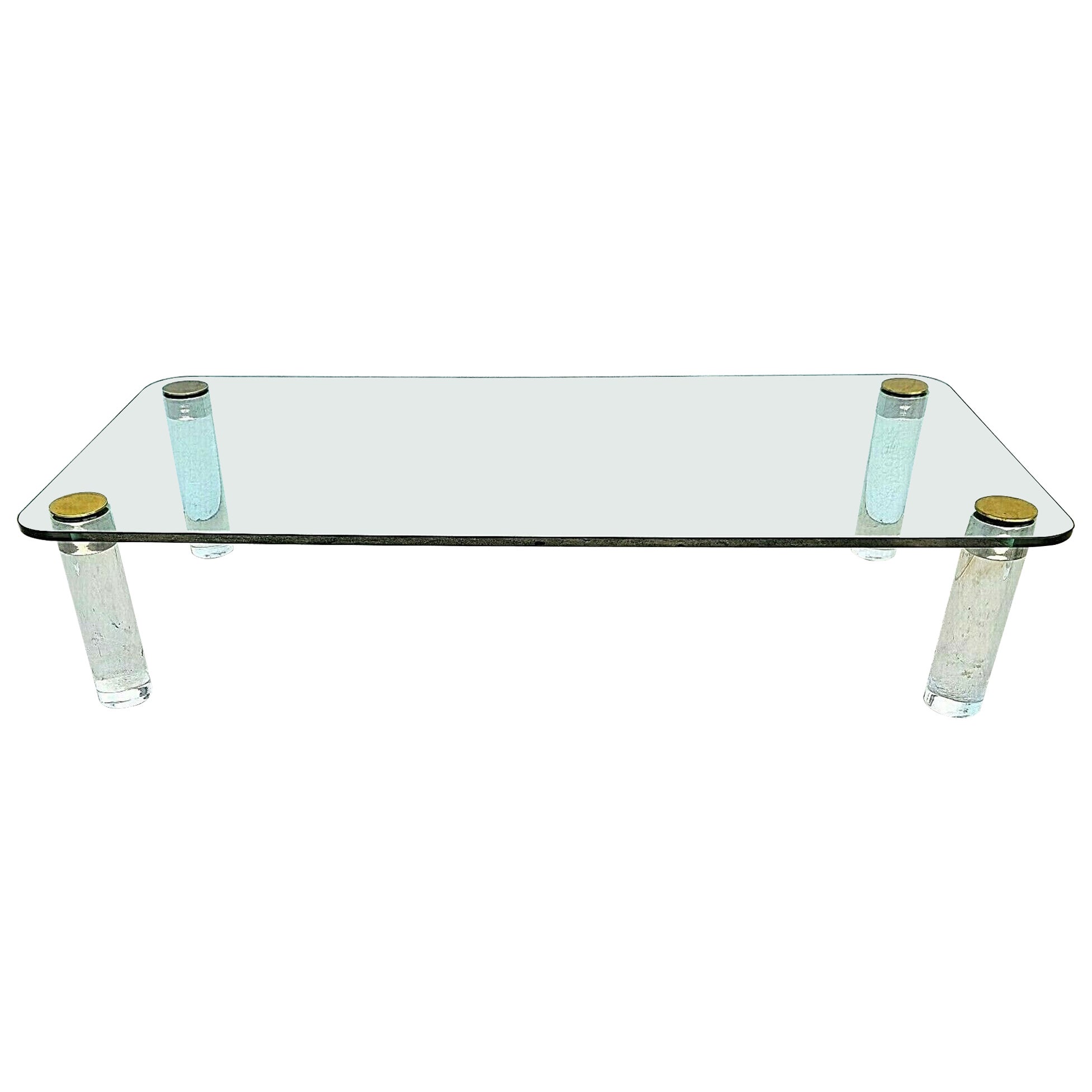 LEON ROSEN For PACE COLLECTION Glass Lucite Brass Chrome Coffee Cocktail Table