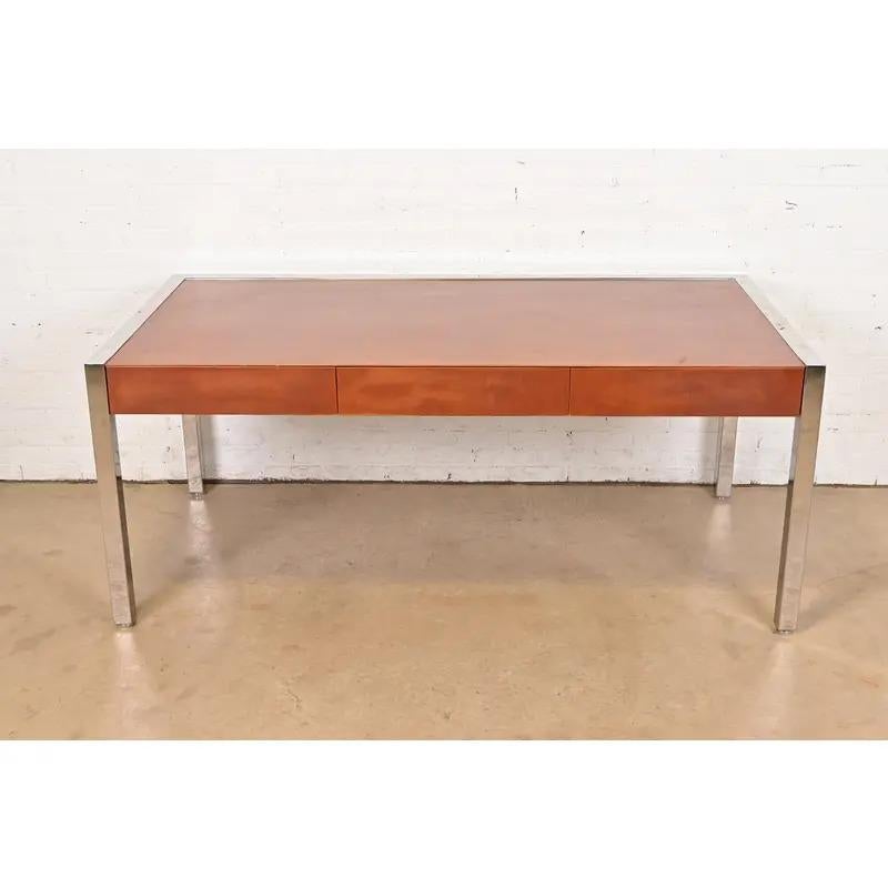 Mid-Century Modern Leon Rosen for Pace Collection Leather and Polished Steel Executive Desk, 1970s For Sale