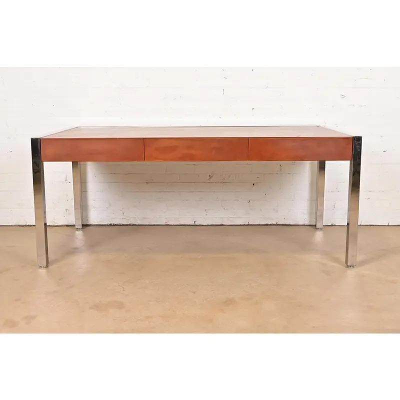 American Leon Rosen for Pace Collection Leather and Polished Steel Executive Desk, 1970s For Sale