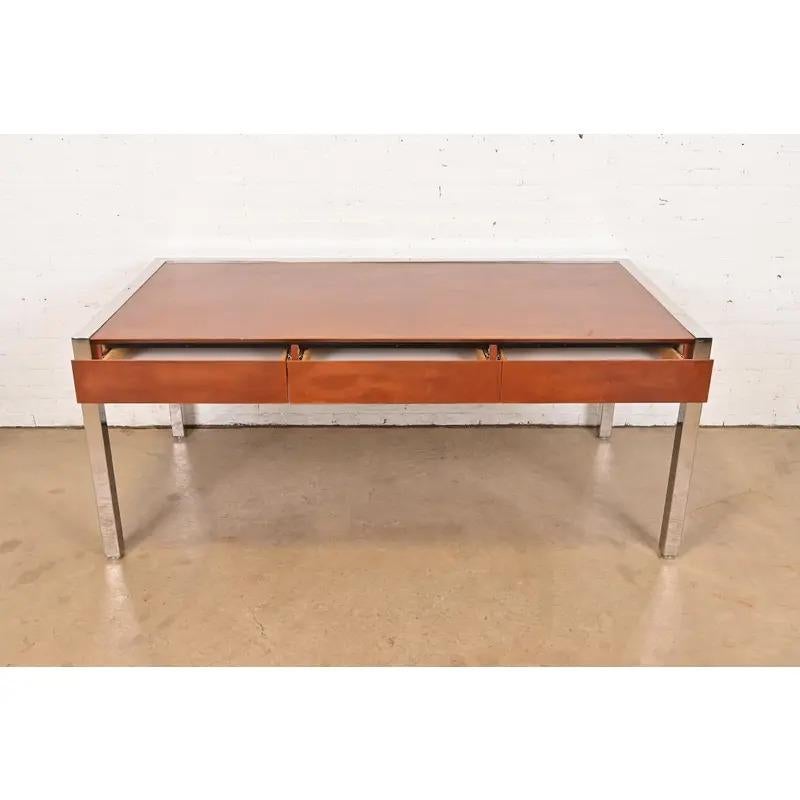Late 20th Century Leon Rosen for Pace Collection Leather and Polished Steel Executive Desk, 1970s For Sale