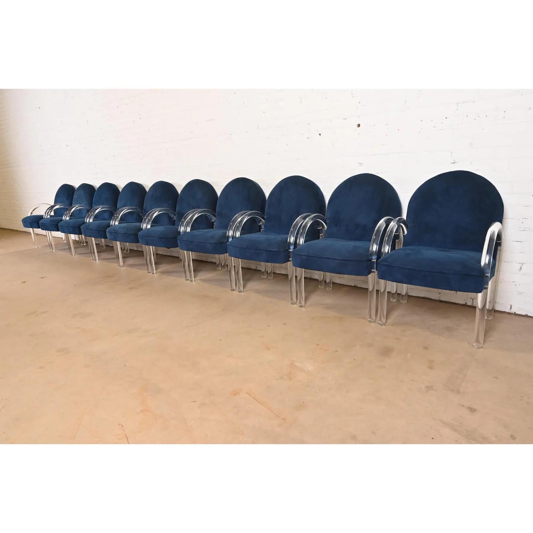 An outstanding set of ten Modern Art Deco or Mid-Century Modern lucite waterfall armchairs, club chairs, or lounge chairs

By Leon Rosen for The Pace Collection

USA, 1970s

Sculptural lucite frames, with blue suede upholstery.

Measures: 22
