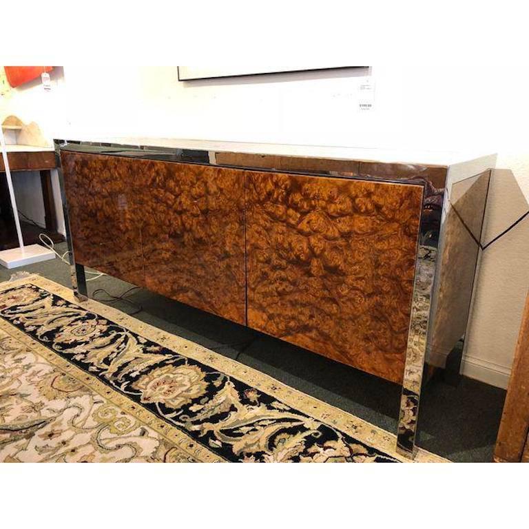 Hollywood Regency Leon Rosen for Pace Collection Olive Burl Stainless Credenza For Sale