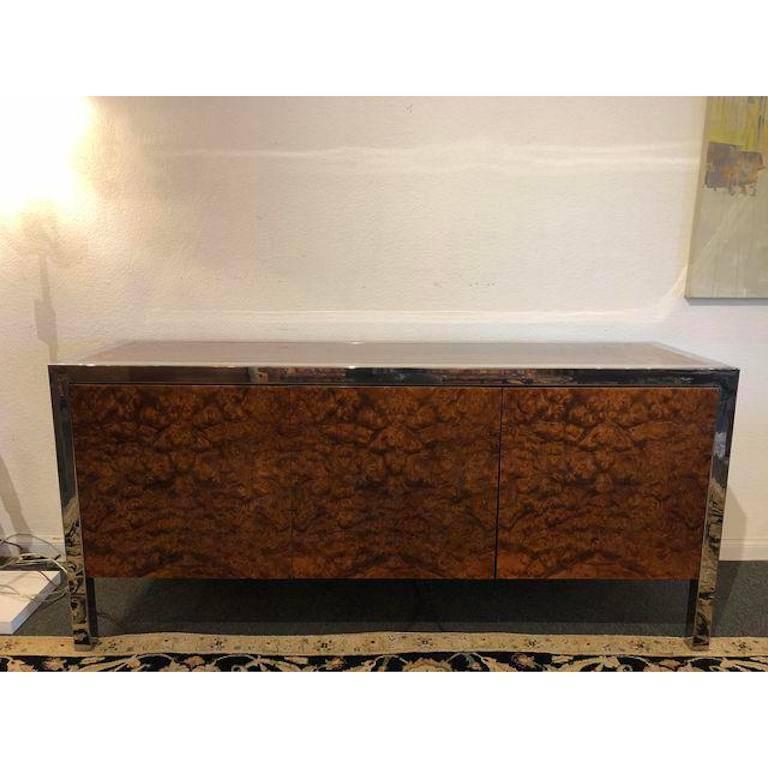 Leon Rosen for Pace Collection Olive Burl Stainless Credenza For Sale 2