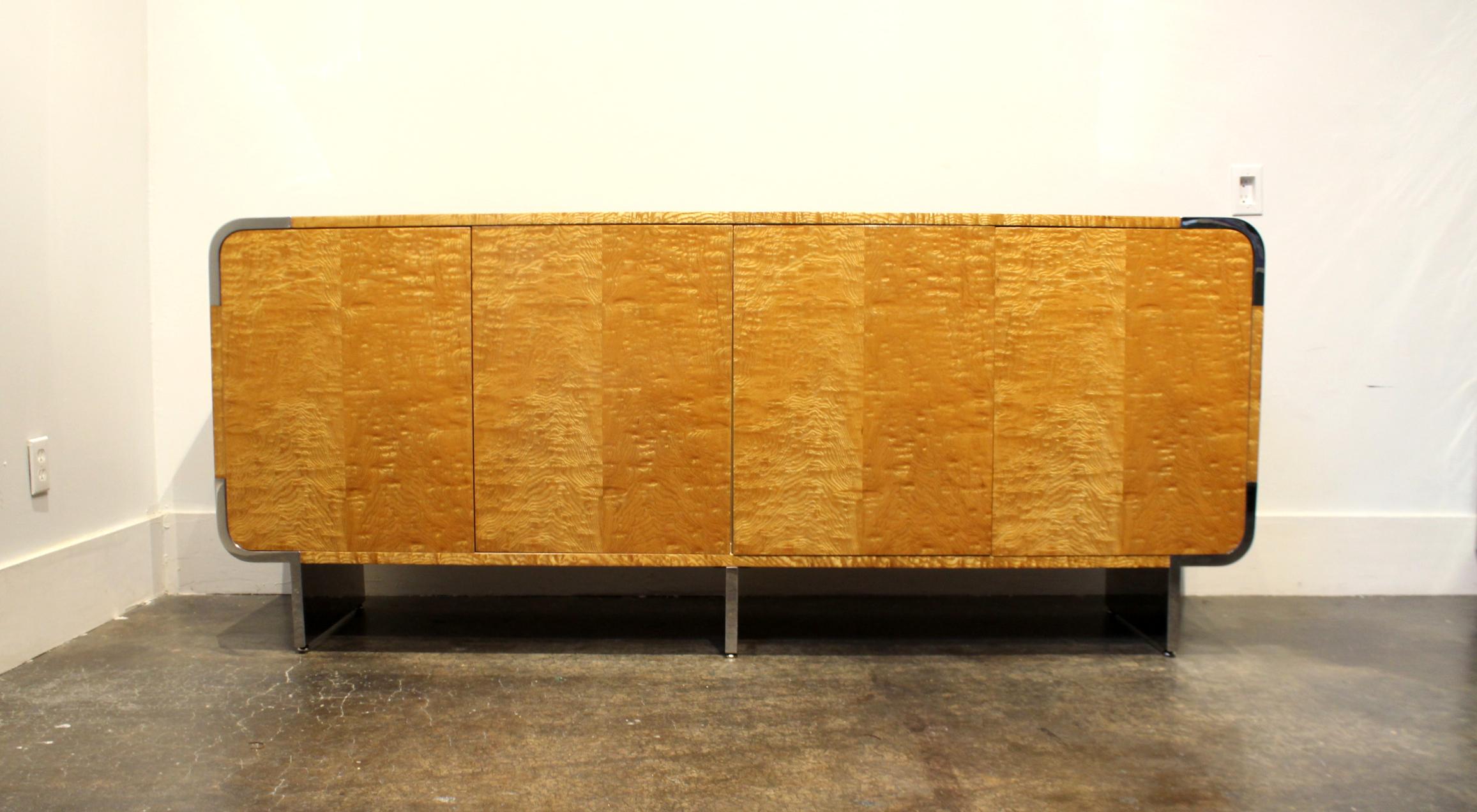 Mid-Century Modern Leon Rosen for Pace Credenza Cabinet in Tiger Maple and Chrome For Sale