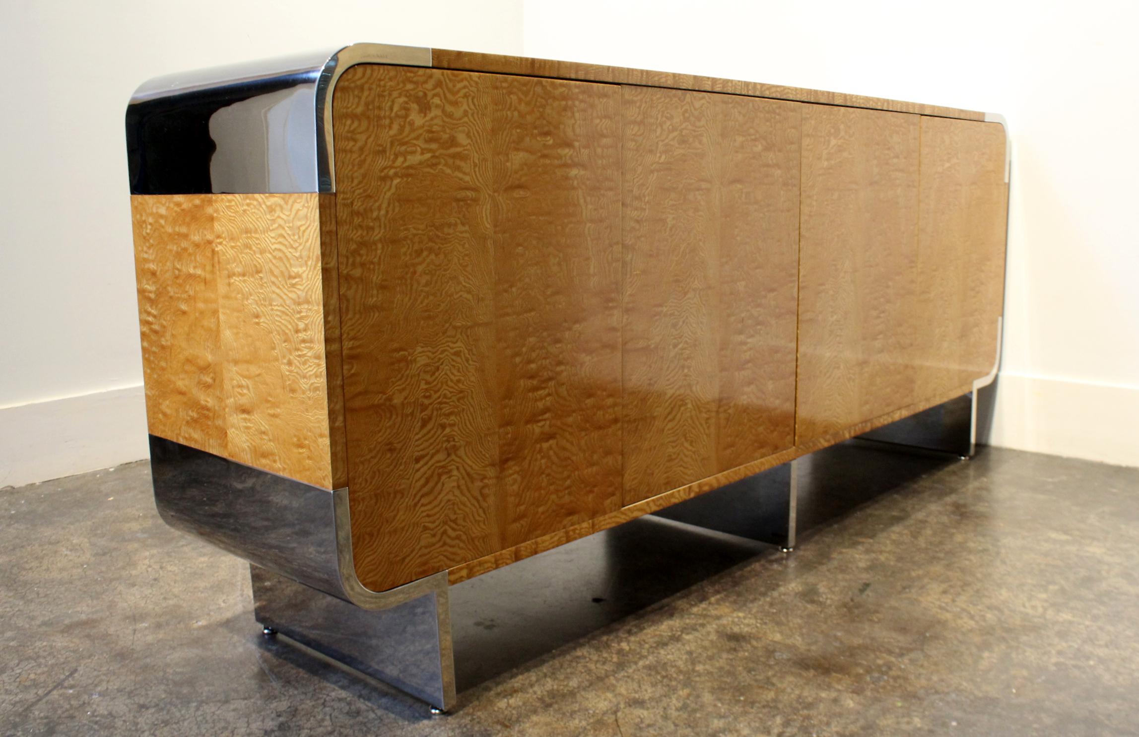 Birdseye Maple Leon Rosen for Pace Credenza Cabinet in Tiger Maple and Chrome For Sale
