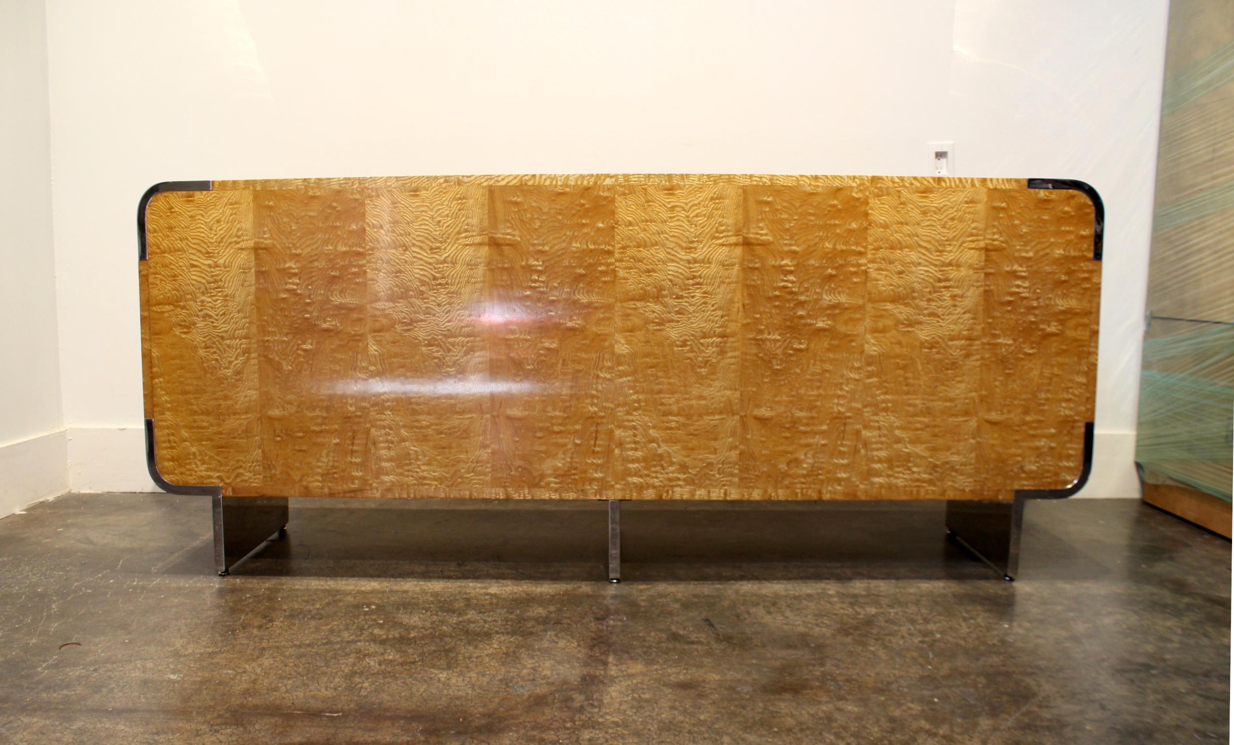 Leon Rosen for Pace Credenza Cabinet in Tiger Maple and Chrome For Sale 2