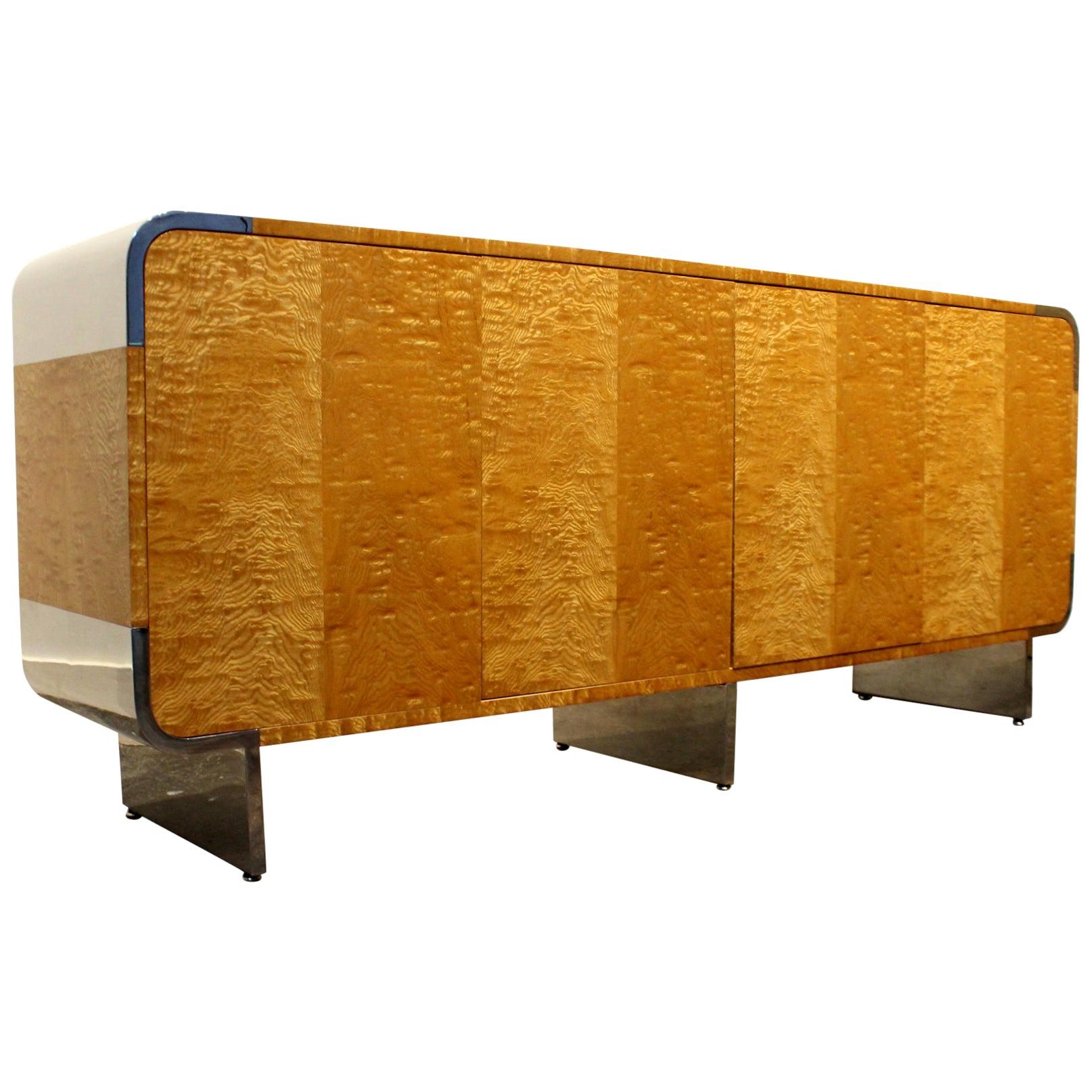 Leon Rosen for Pace Credenza Cabinet in Tiger Maple and Chrome For Sale