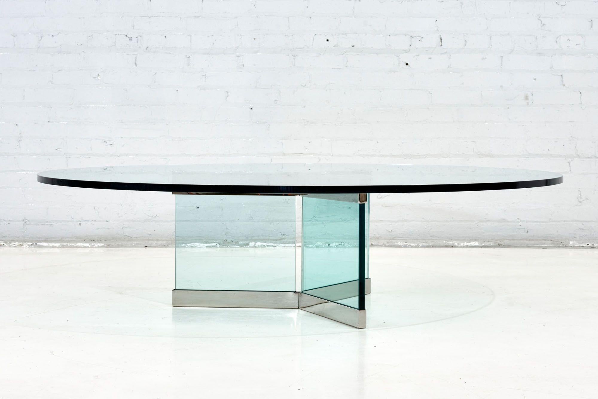 Leon Rosen for Pace glass and chrome coffee table, 1970. Original.