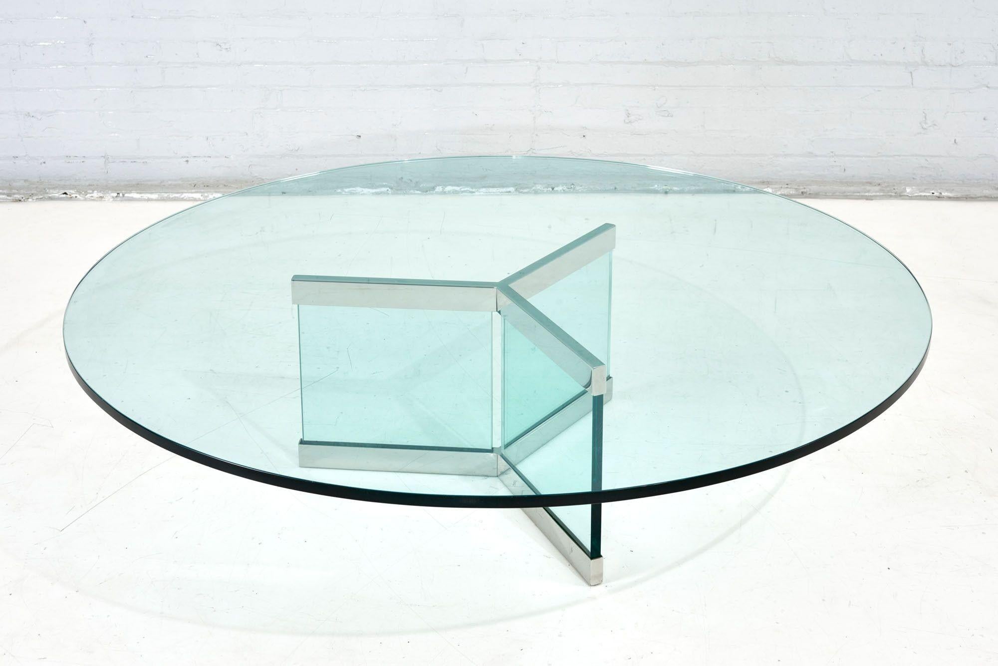 Américain Table basse en verre et chrome Leon Rosen pour Pace Glass, 1970 en vente