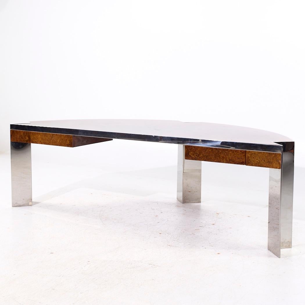 Mid-Century Modern Leon Rosen for Pace Mezzaluna Mid Century Burlwood and Stainless Steel Desk For Sale