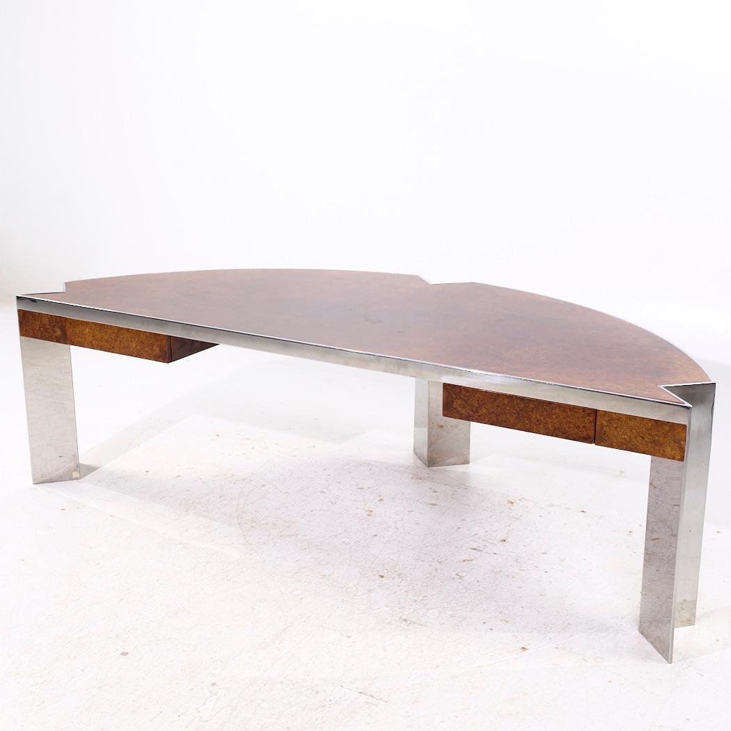 Leon Rosen for Pace Mezzaluna Mid Century Burlwood and Stainless Steel Desk For Sale 1