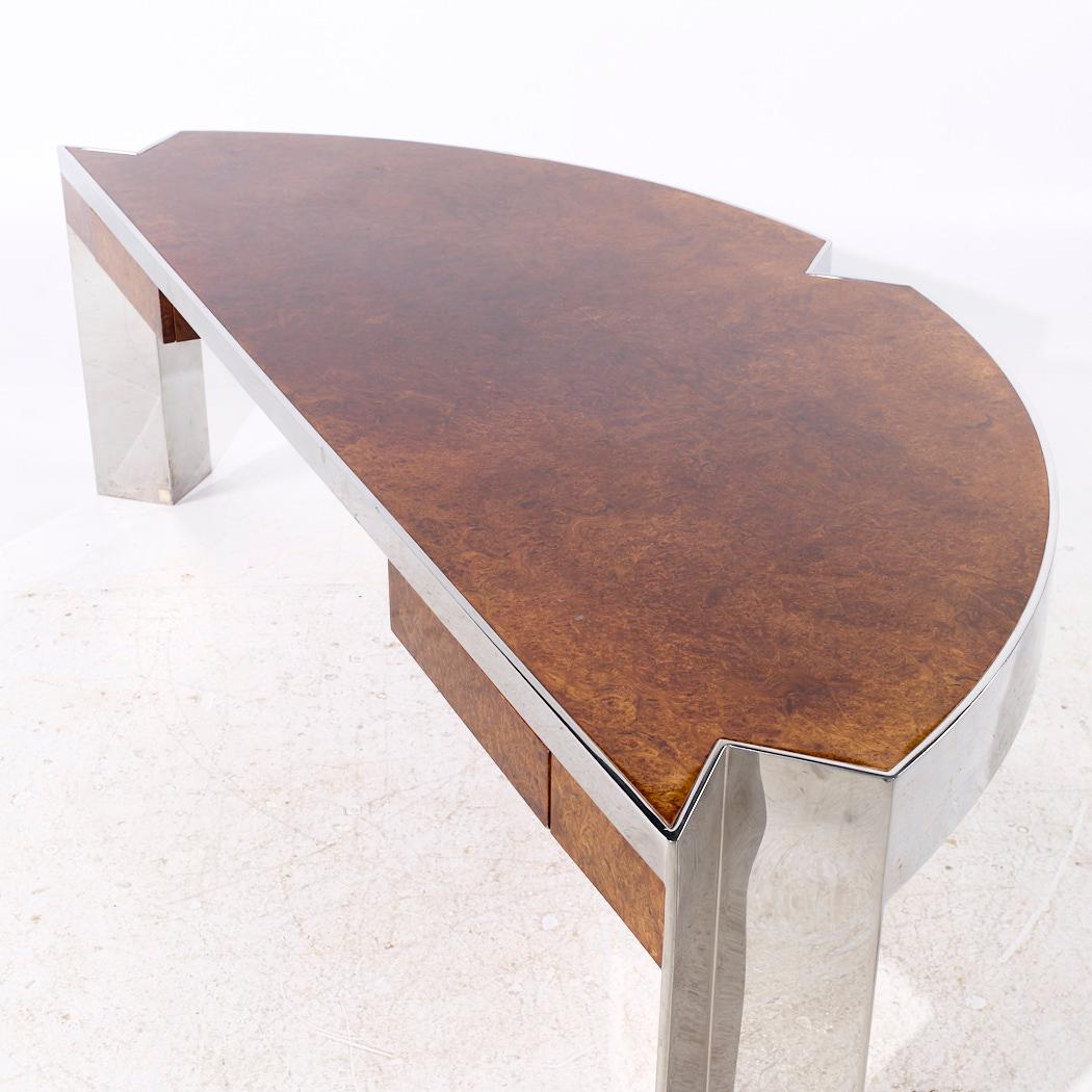 Leon Rosen for Pace Mezzaluna Mid Century Burlwood and Stainless Steel Desk For Sale 2