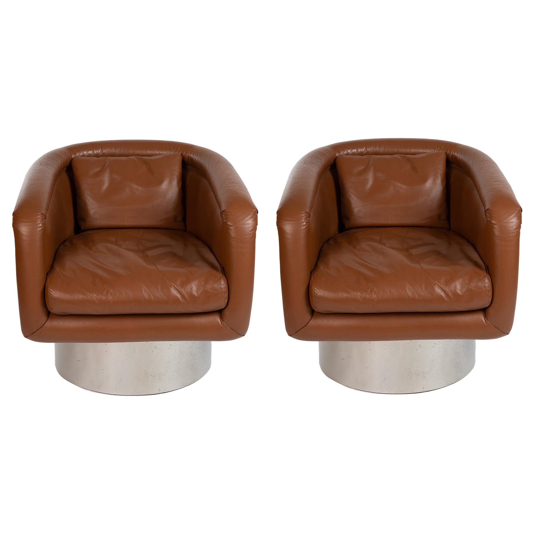 Leon Rosen for Pace Pair of Leather and Steel Swivel Chairs