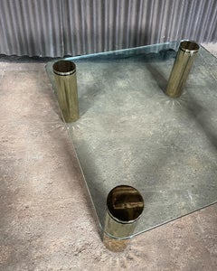 Leon Rosen for Pace style glass and brass plate cocktail table