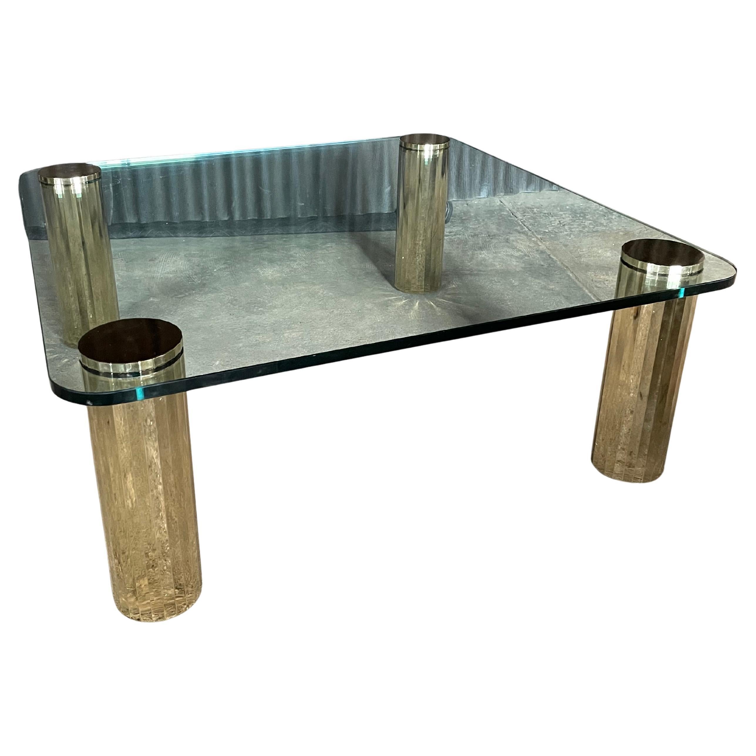 Leon Rosen for Pace style glass and brass plate cocktail table