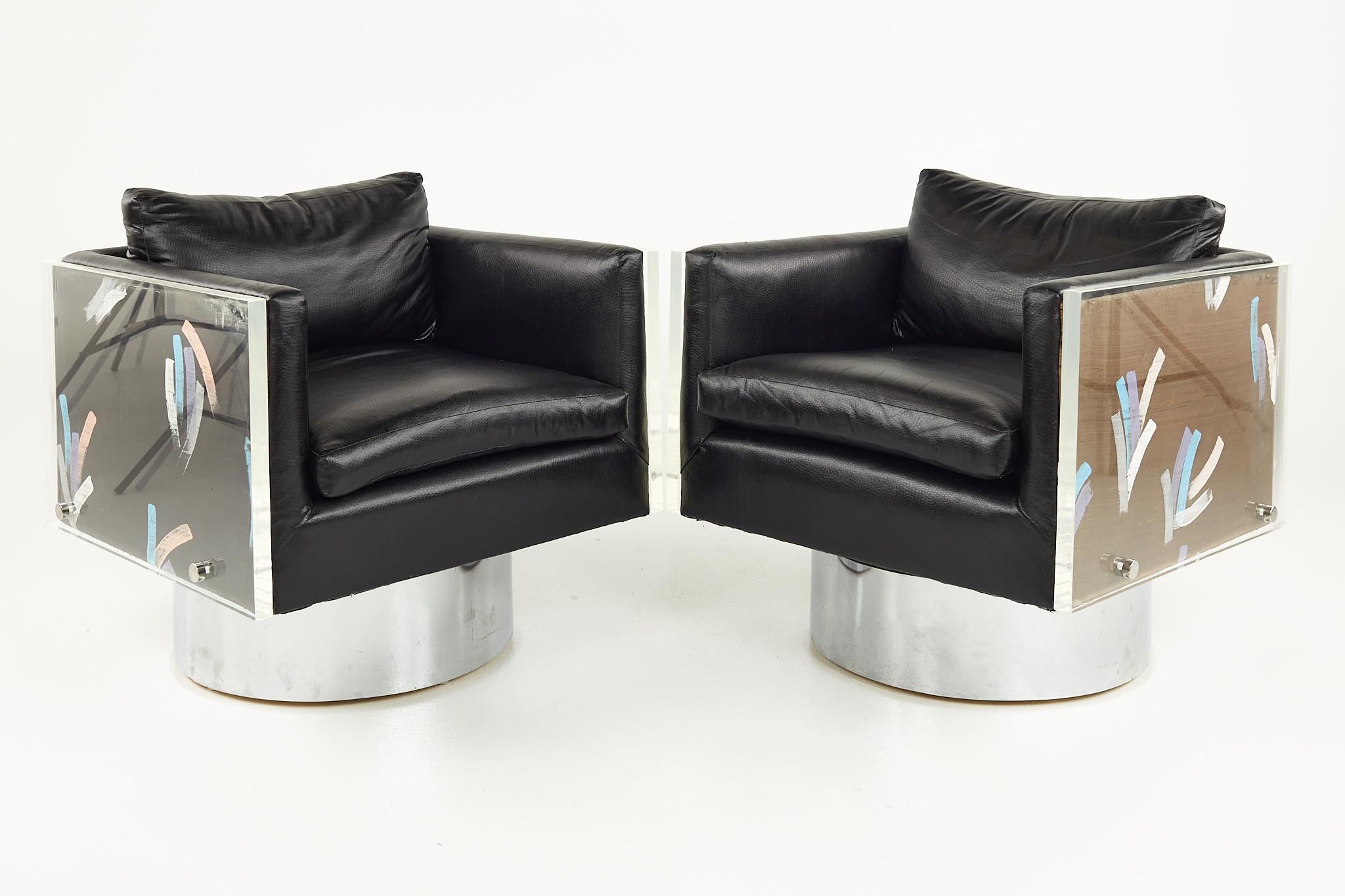Leon Rosen for Pace Style Post Modern Lucite cube lounge chairs 

Each chair measures: 28 wide x 29.5 deep x 28 inches high, with a seat height of 18 and arm height of 24 inches

All pieces of furniture can be had in what we call restored