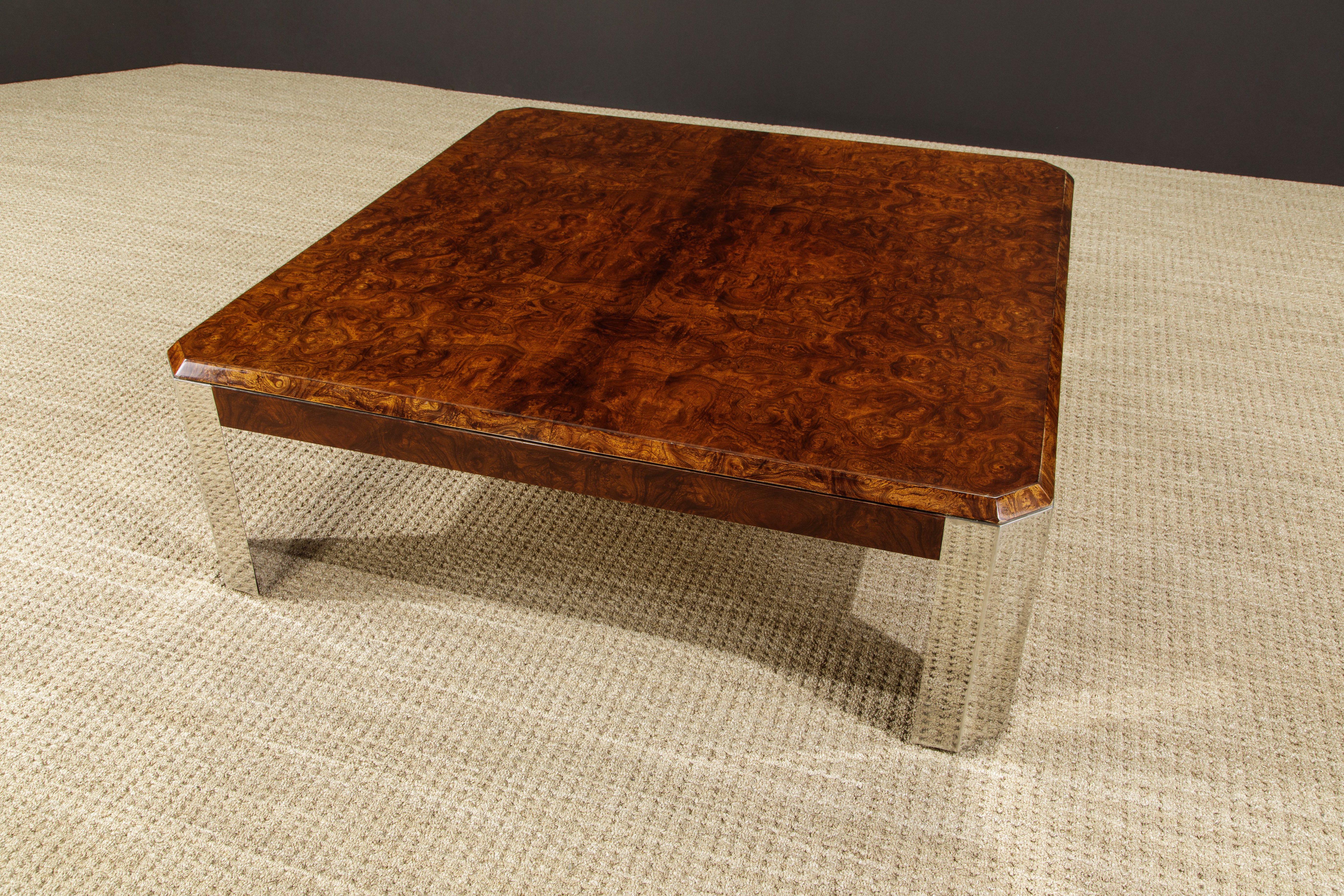Chrome Leon Rosen for the Pace Collection Burled Wood Coffee Table, circa 1970s