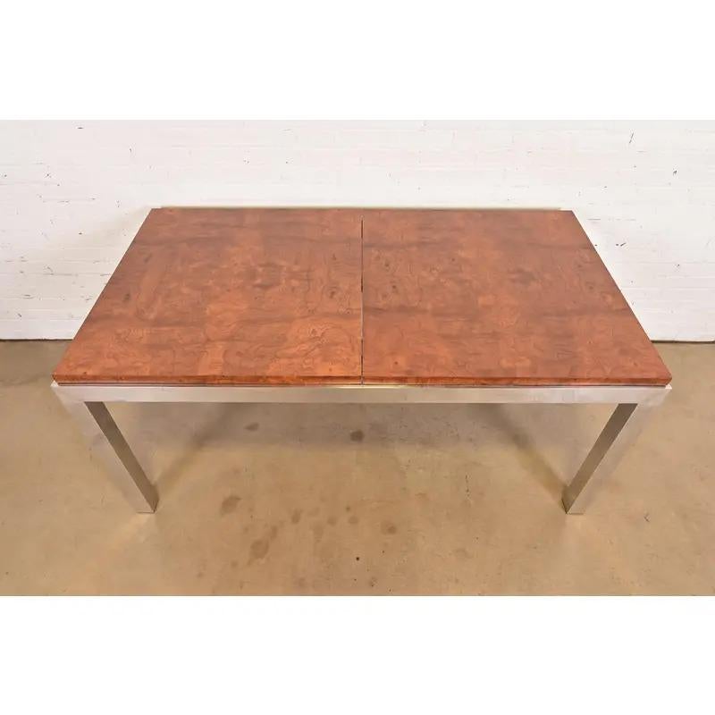 Leon Rosen Mid-Century Modern Burl Wood Extension Dining Table, Newly Refinished For Sale 4