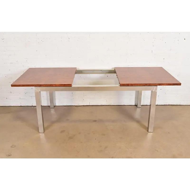 Leon Rosen Mid-Century Modern Burl Wood Extension Dining Table, Newly Refinished For Sale 1
