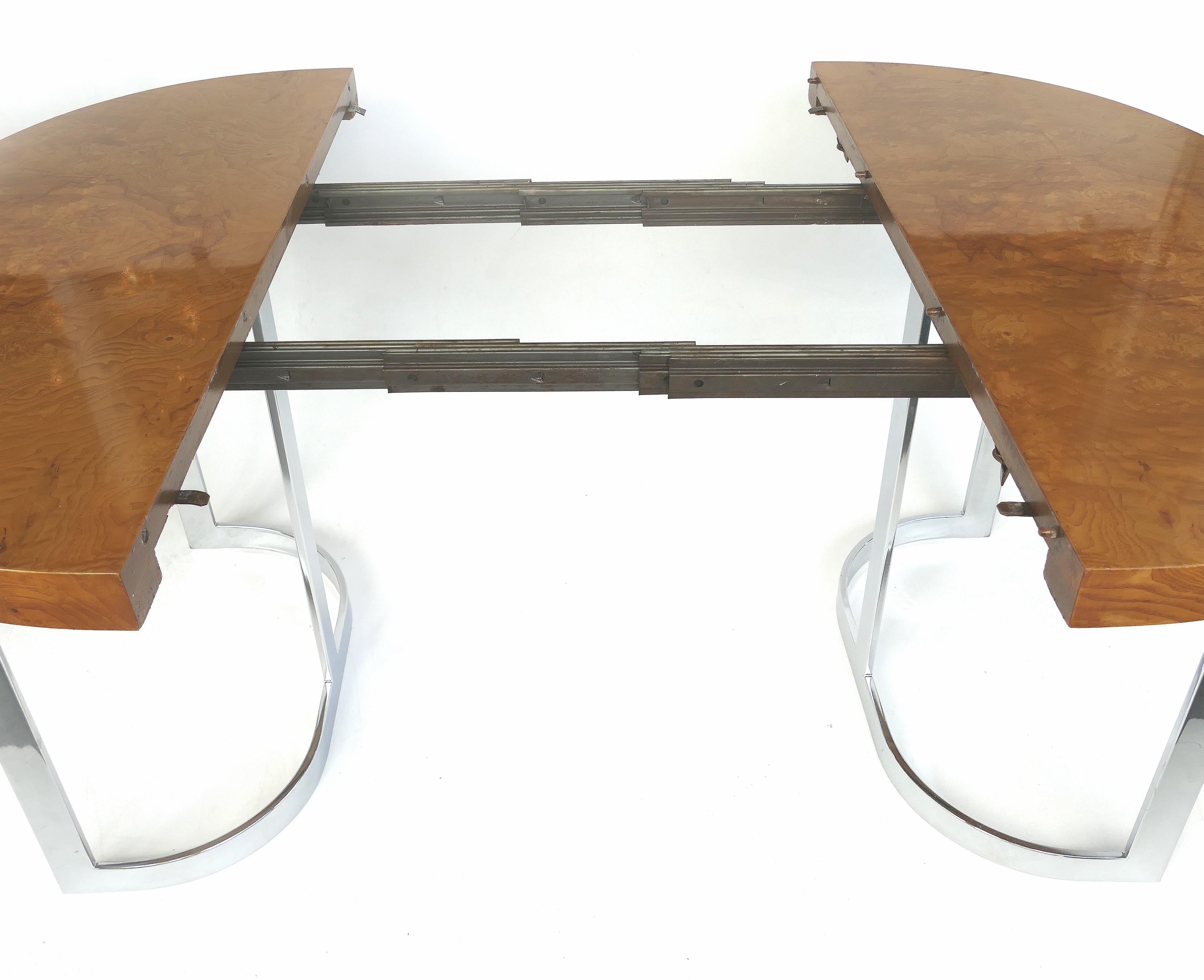 Leon Rosen Pace Collection Burl Wood Dining Table with Stainless Steel Legs In Good Condition In Miami, FL