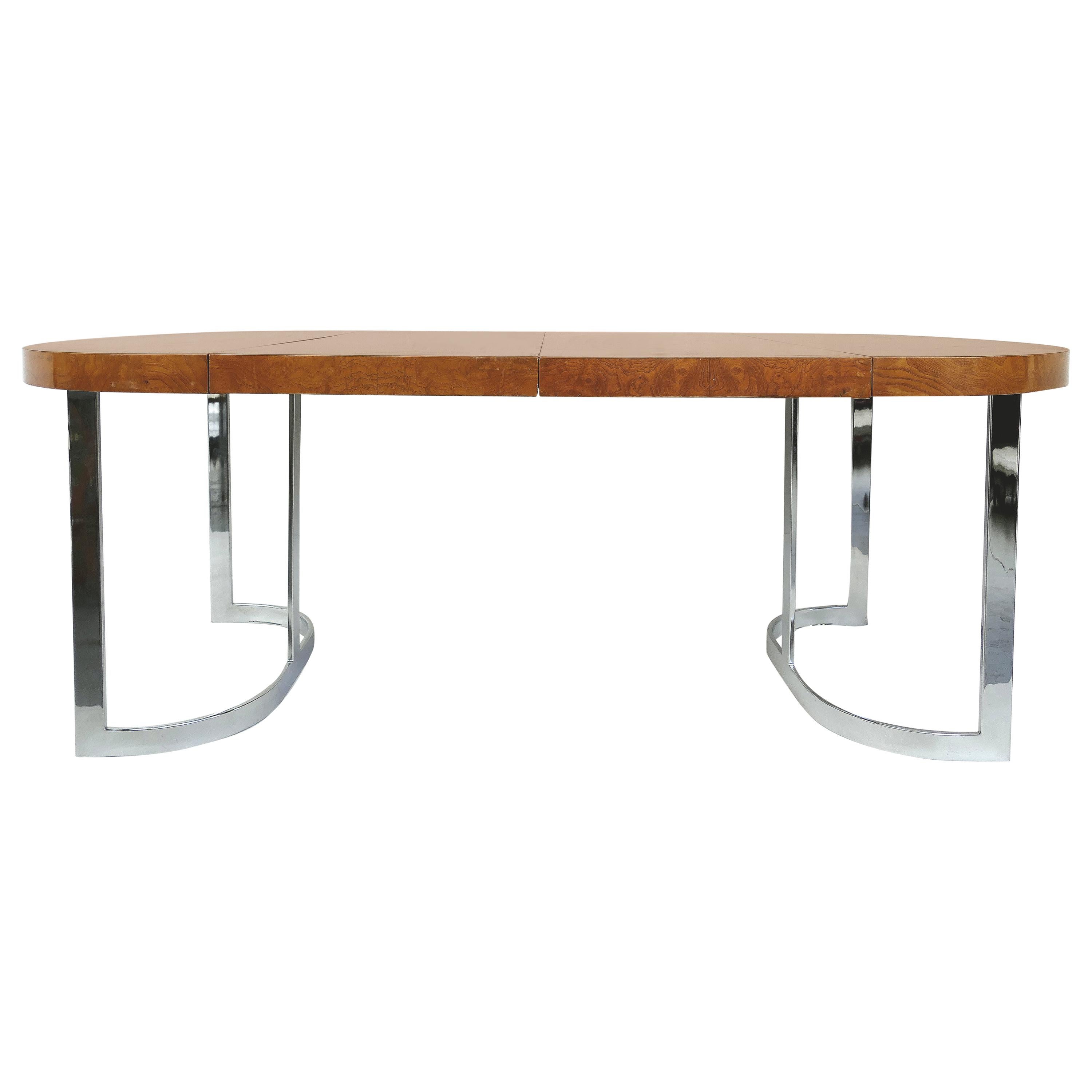 Leon Rosen Pace Collection Burl Wood Dining Table with Stainless Steel Legs