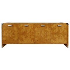 Leon Rosen Pace Collection Burl Wood Credenza with Stainless Steel Accents
