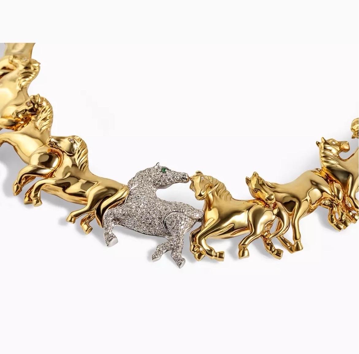 This breathtaking choker by Leon Rudberg is a true work of art, handcrafted in radiant 18k yellow gold. It features a seamless procession of galloping horses, each sculpted with lifelike detail and grace. At its center, a standout horse is fully