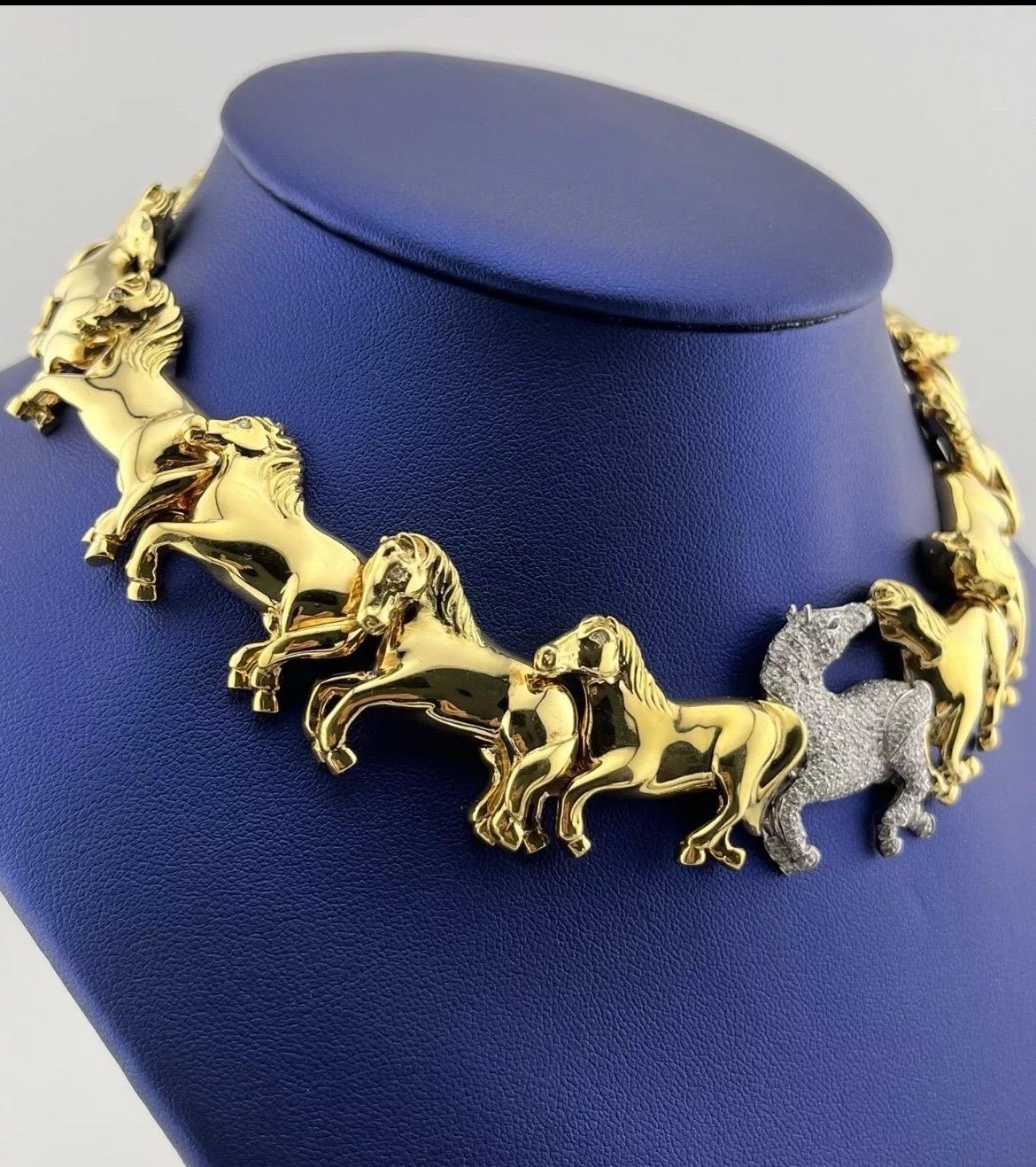 Round Cut Leon Rudberg Galloping Horses 18k Yellow Gold 2ct Diamond Pave Choker Necklace For Sale