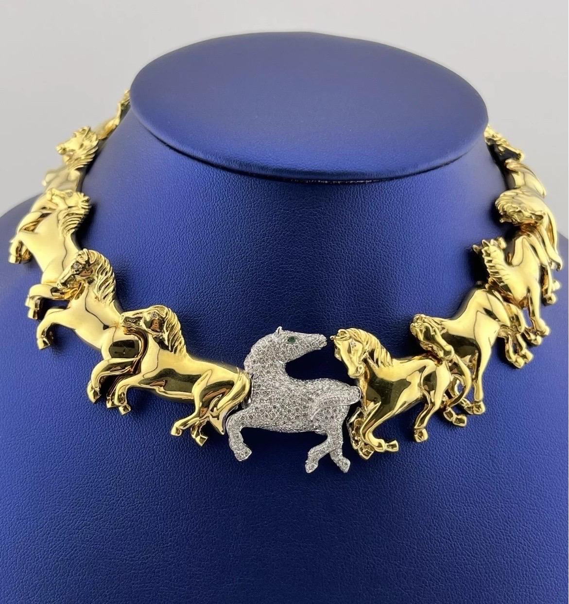 Leon Rudberg Galloping Horses 18k Yellow Gold 2ct Diamond Pave Choker Necklace In Good Condition For Sale In Boca Raton, FL