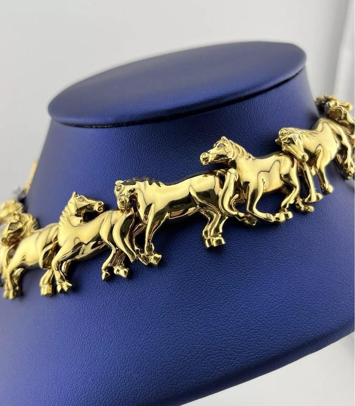Leon Rudberg Galloping Horses 18k Yellow Gold 2ct Diamond Pave Choker Necklace For Sale 2