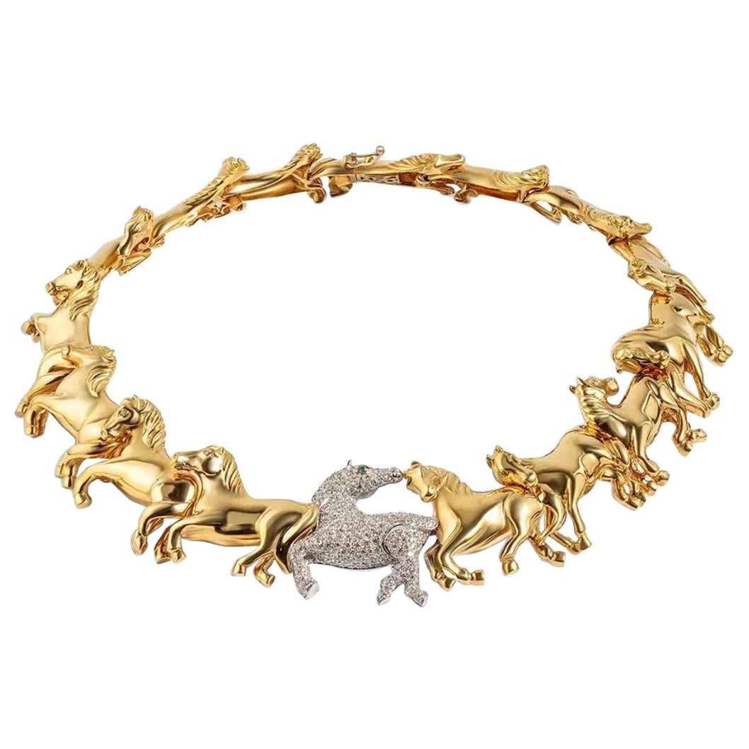 Leon Rudberg Collar Gargantilla Galloping Horses Oro Amarillo 18k 2ct Diamond Pave en venta