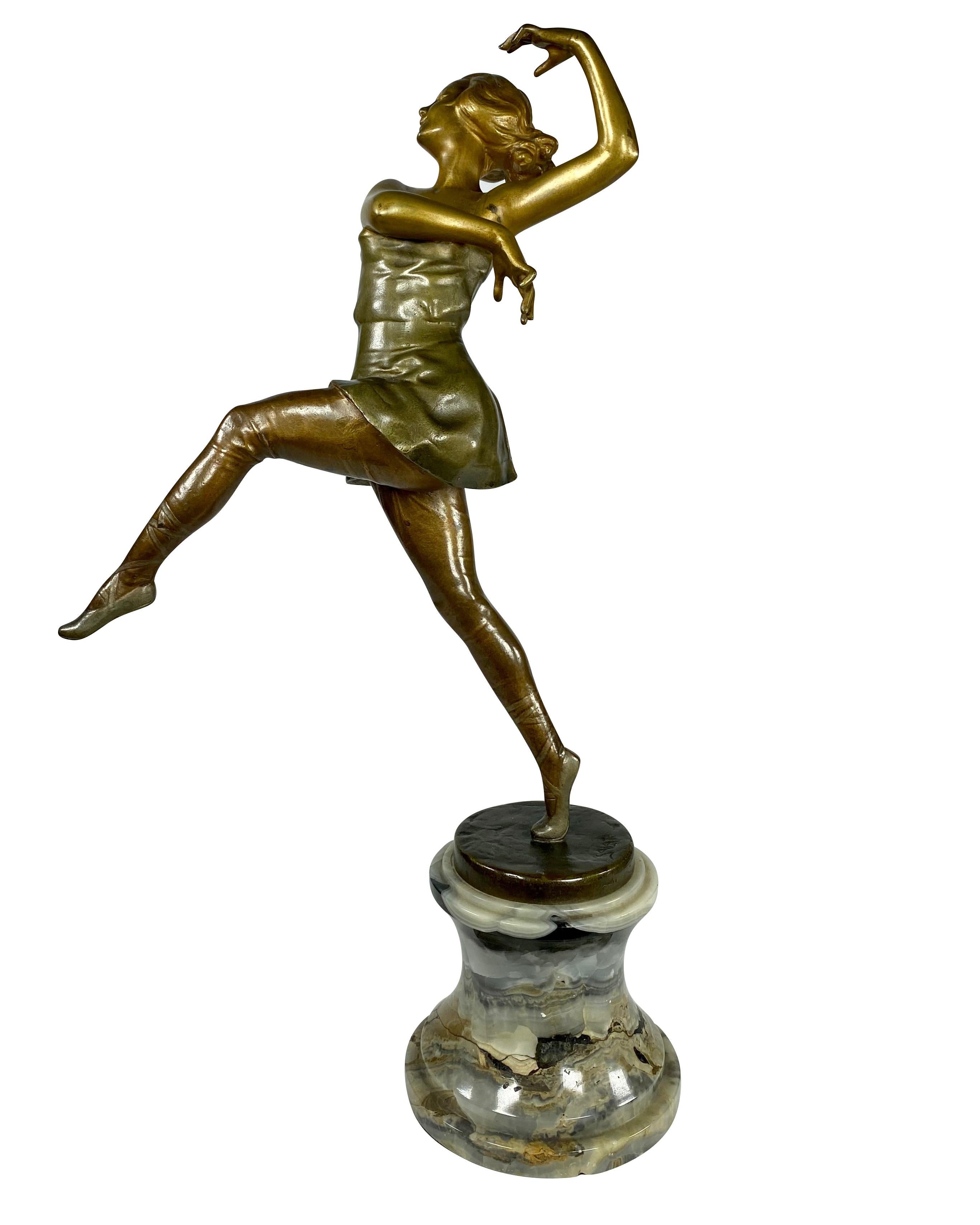 Art Deco Leon Salat Dancing Lady on Onyx Base Signed, Early 20th Century  For Sale