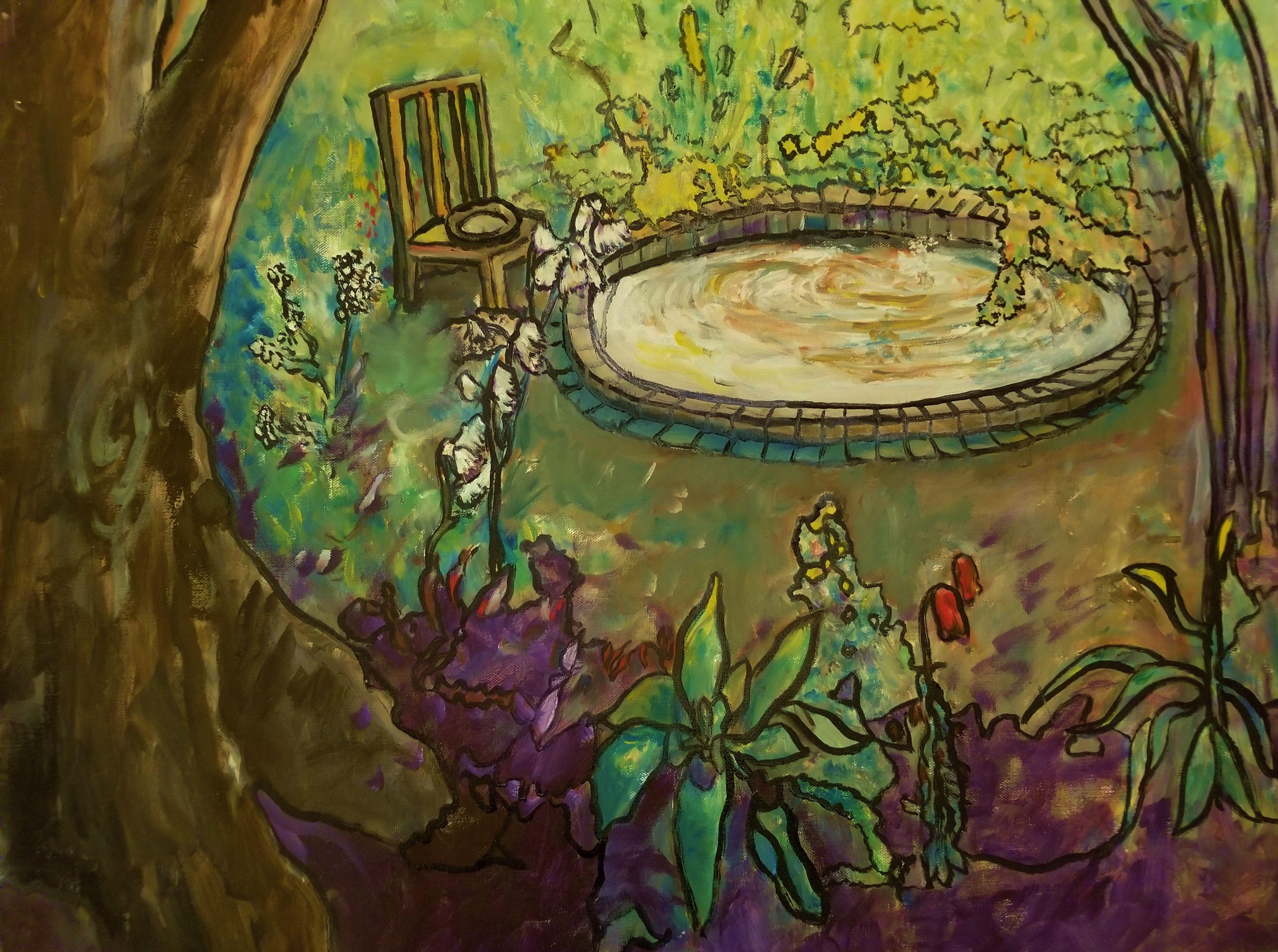Ritiro in giardino, Pittura, Olio su tela - Painting di Leon Sarantos