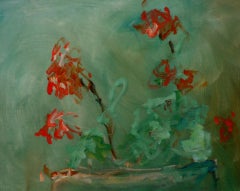 Large Pot With Red Flowers, Painting, Oil on Canvas