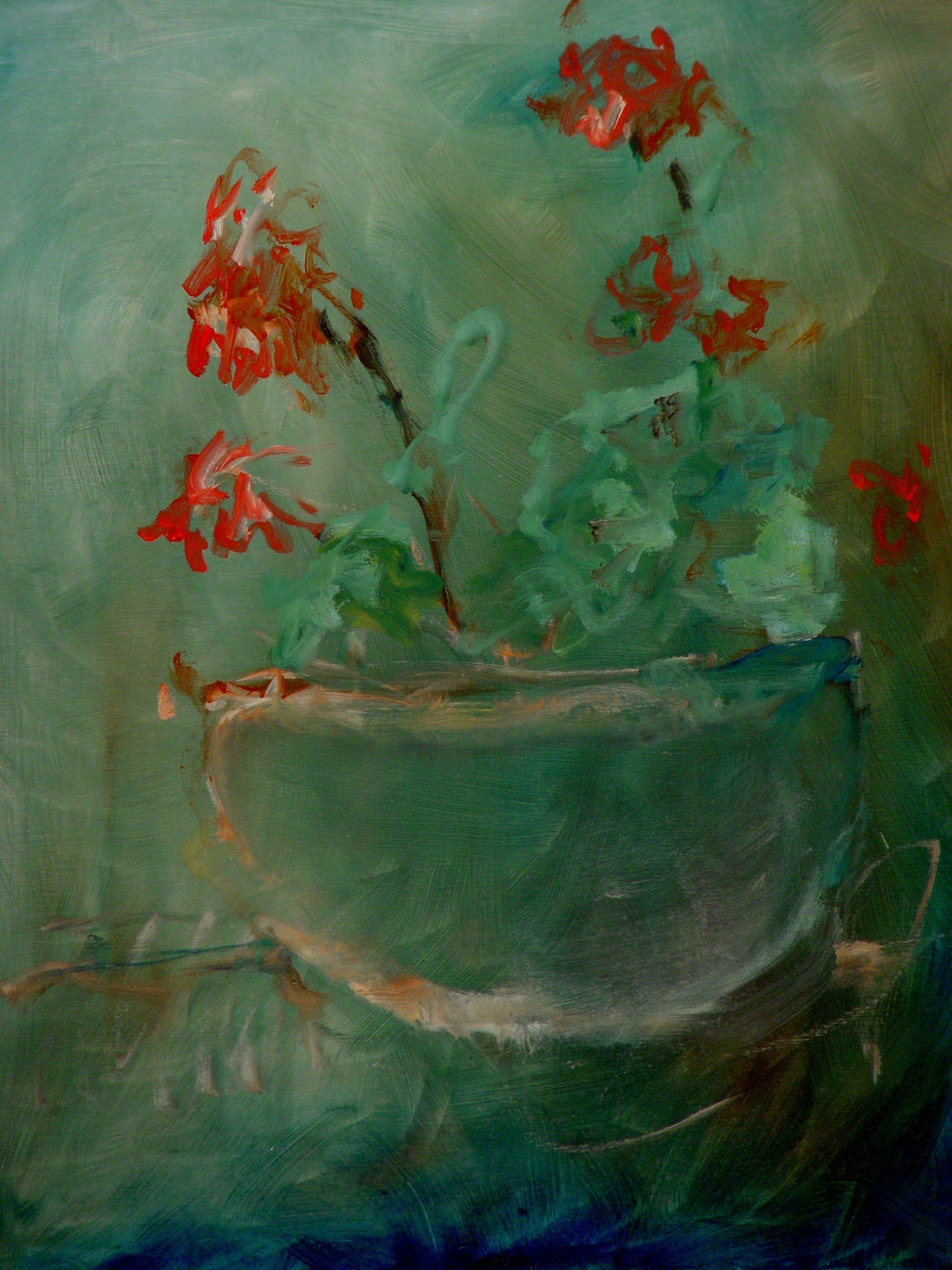 Large Pot With Red Flowers, Painting, Oil on Canvas