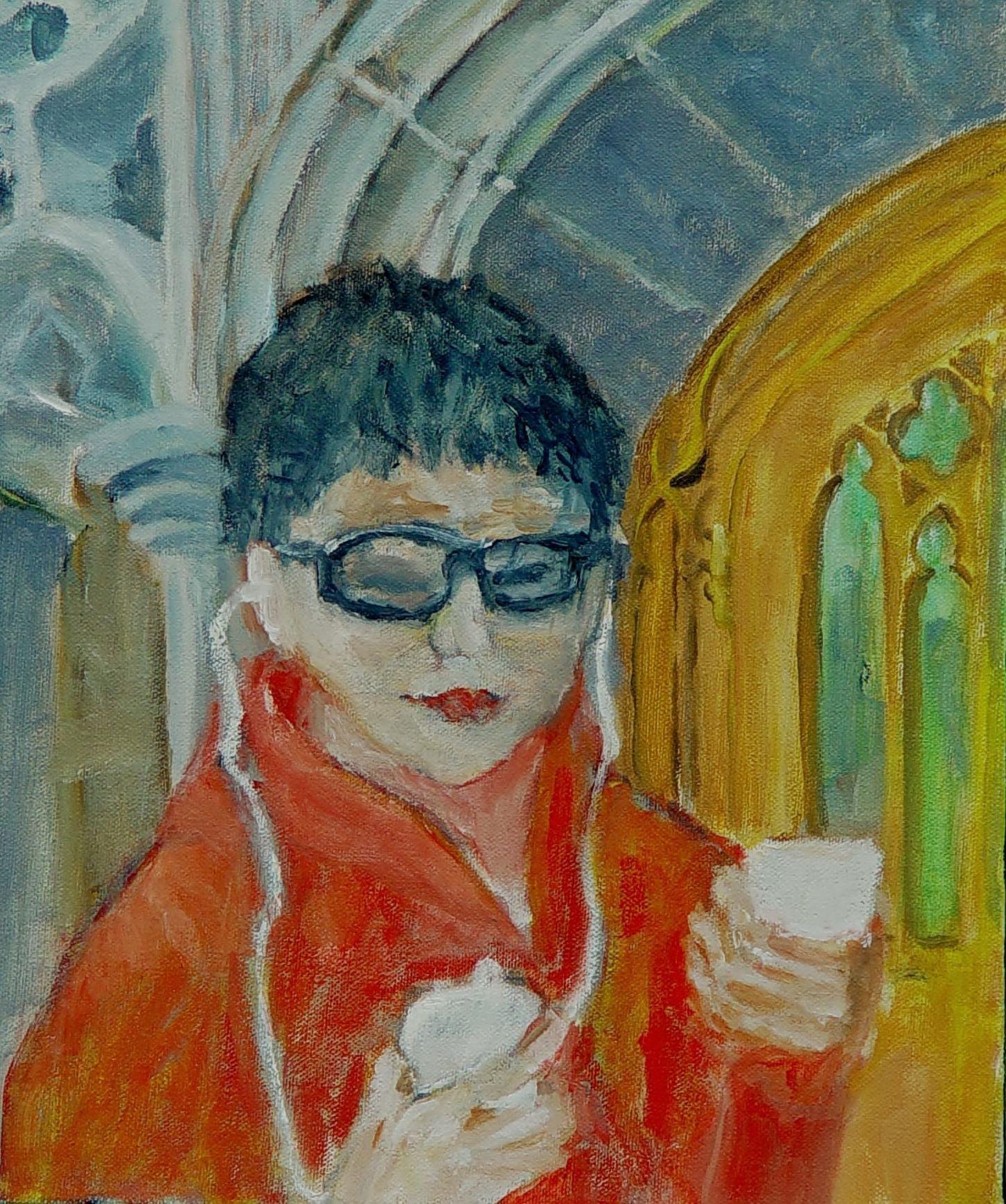 This painting is a portrait of a woman, who is a lively, young student at the University of Chicago.  I am an architect, as well as an artist, and I am inspired by the beauty of the Gothic architecture at UChicago.  The student, with her electronic