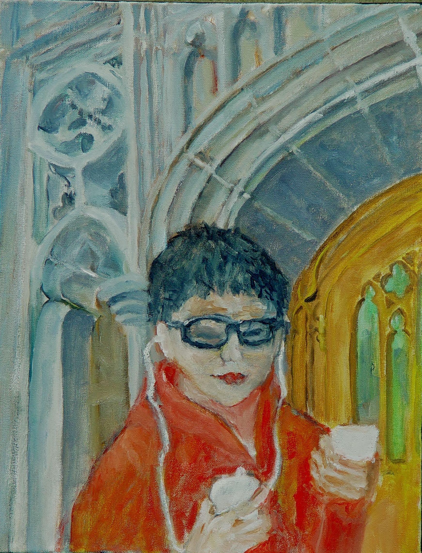 This painting is a portrait of a woman, who is a lively, young student at the University of Chicago.  I am an architect, as well as an artist, and I am inspired by the beauty of the Gothic architecture at UChicago.  The student, with her electronic