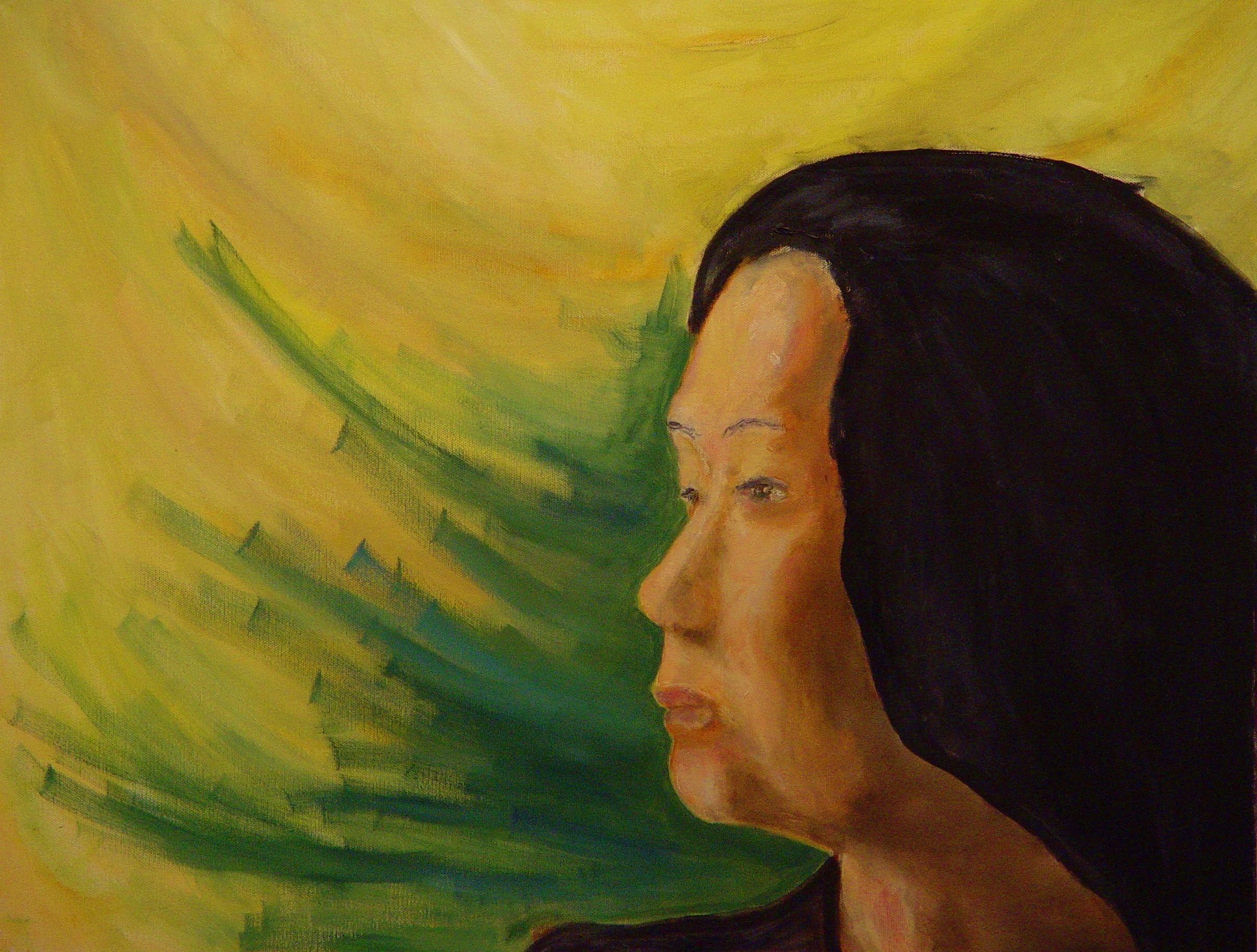 This portrait portrays a woman from the Pacific Islands who has a regal manner.  My portraits combine elements of realism and abstraction.  The woman is presented in profile in a realistic manner.  As I painted her, I thought of a monarch gazing out