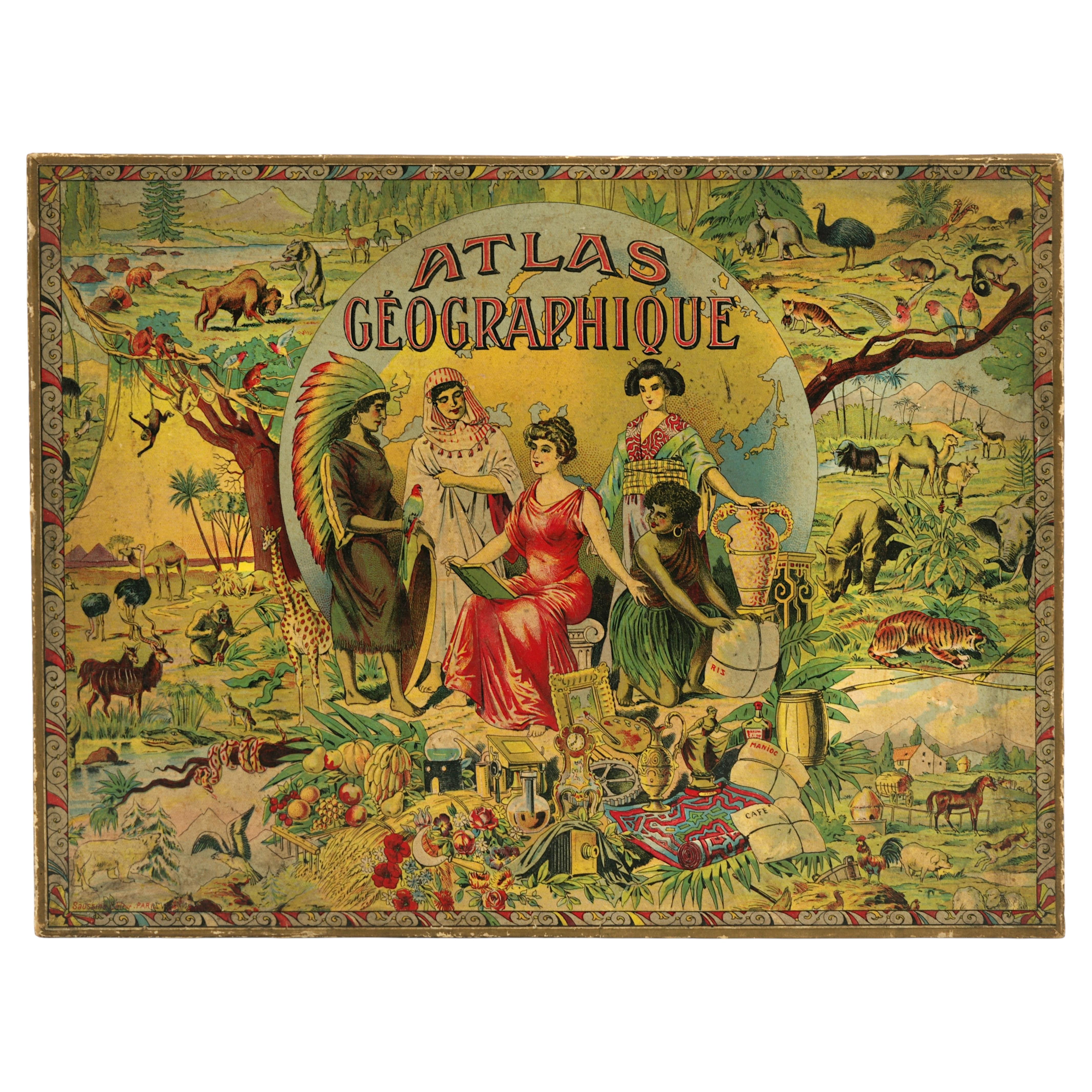 Léon Saussine Antique Atlas Puzzle, Colorful World Map, ca. 1900