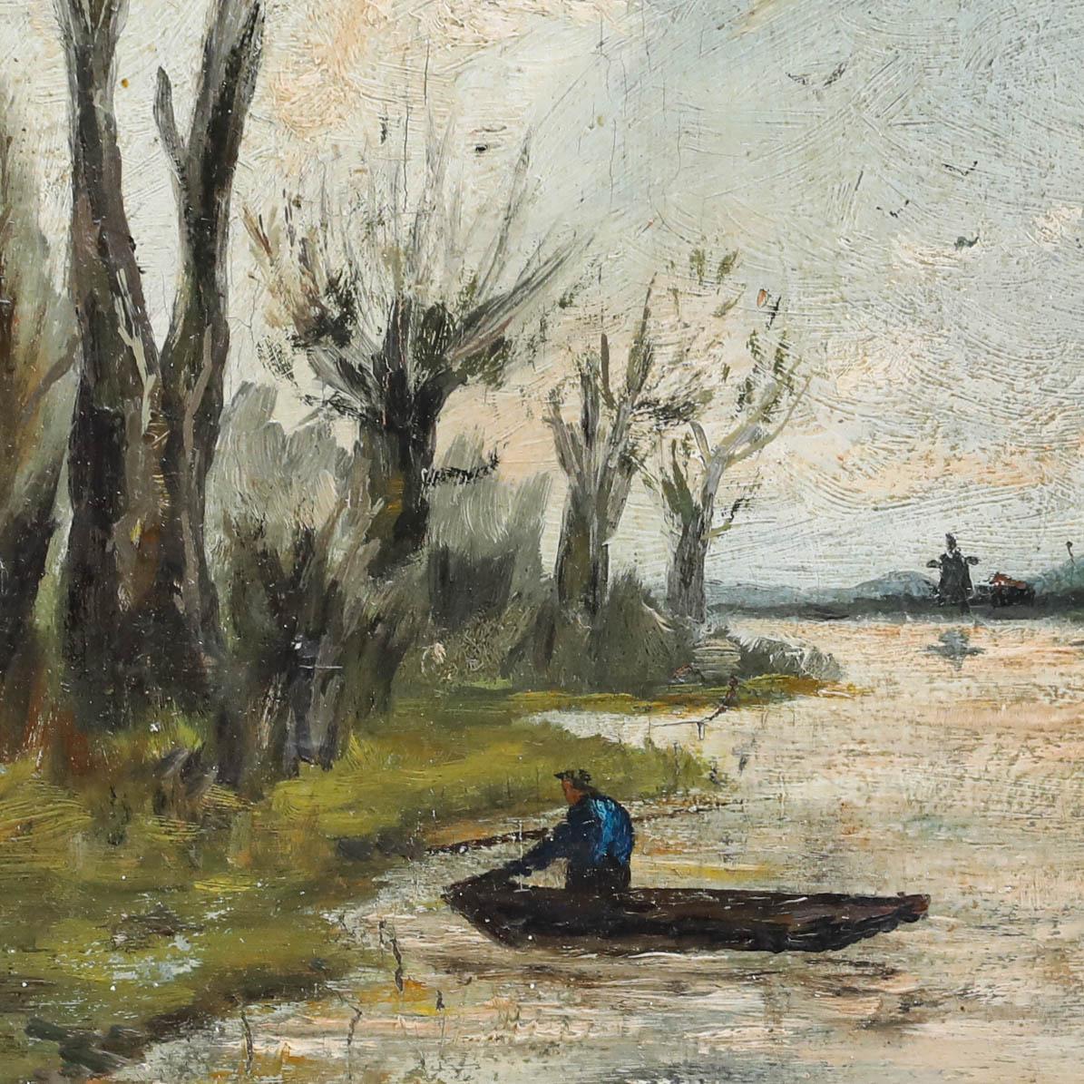 Questo suggestivo dipinto di paesaggio cattura una scena serena in riva al mare con alberi spogli che si stagliano contro un cielo nebbioso. La composizione attira l'attenzione su una figura solitaria in una piccola barca vicino alla riva, creando