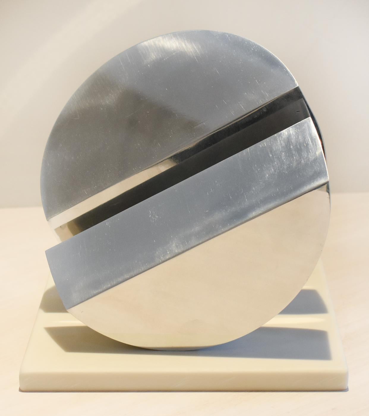 Eclipse II (Abstract Minimalist Polished Steel Sculpture with Marble Base)  1