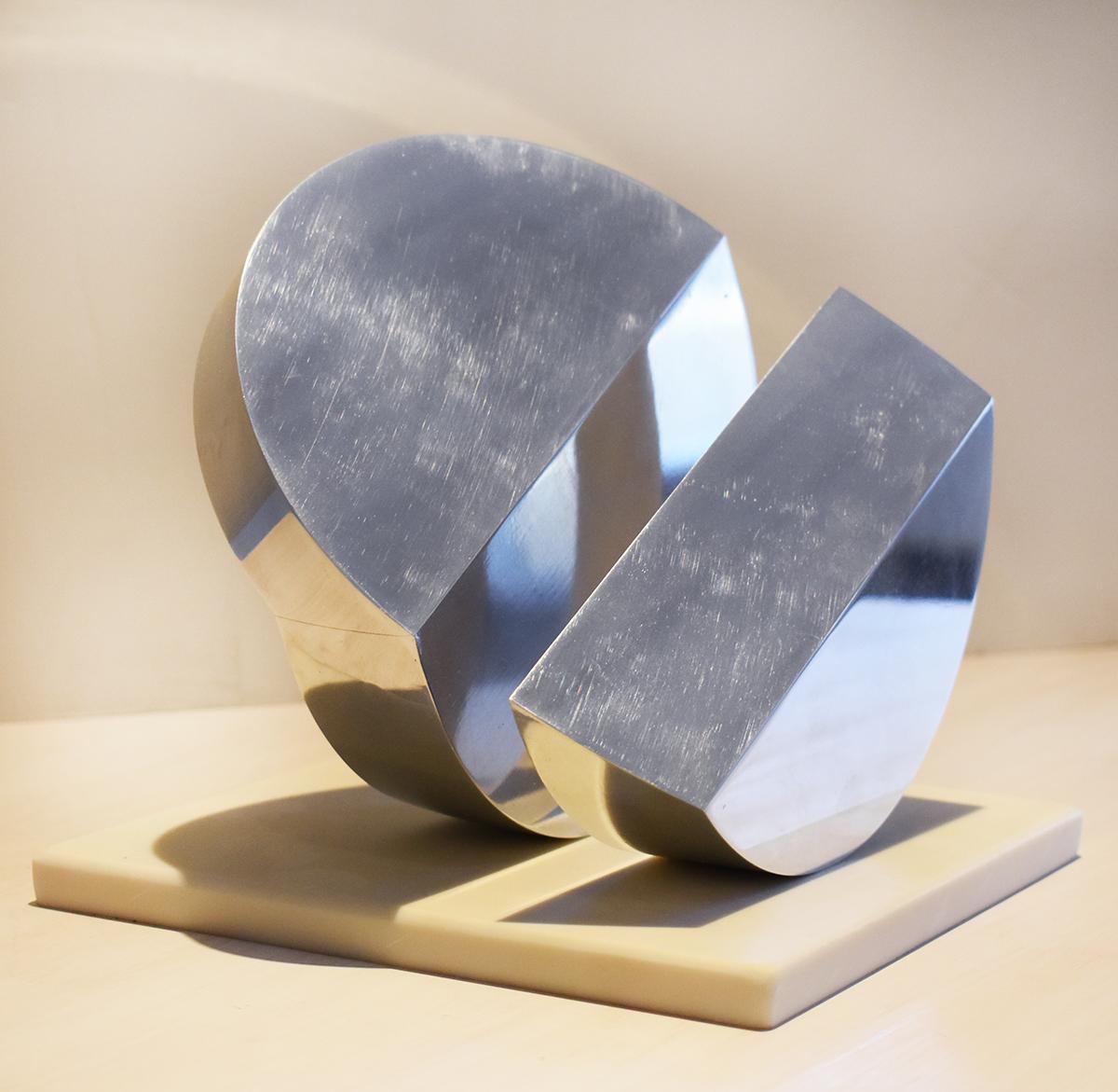 Eclipse II (Abstract Minimalist Polished Steel Sculpture with Marble Base)  2
