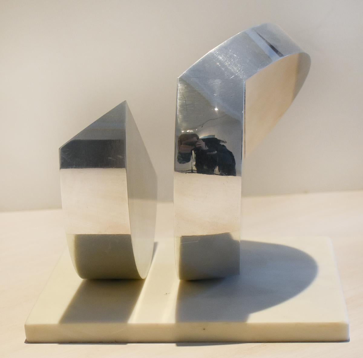 Eclipse II (Abstract Minimalist Polished Steel Sculpture with Marble Base)  4
