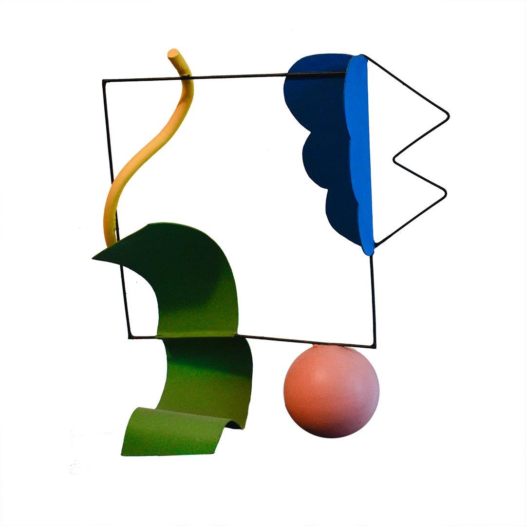 Trapeze Poly (Colorful Abstract Mid Century Modern Inspired Balancing Sculpture) by Leon Smith
Small, abstract tabletop sculpture in blue, yellow, green, pink, and black painted aluminum and steel 
12 x 16 x 6 inches, acrylic painted aluminum and