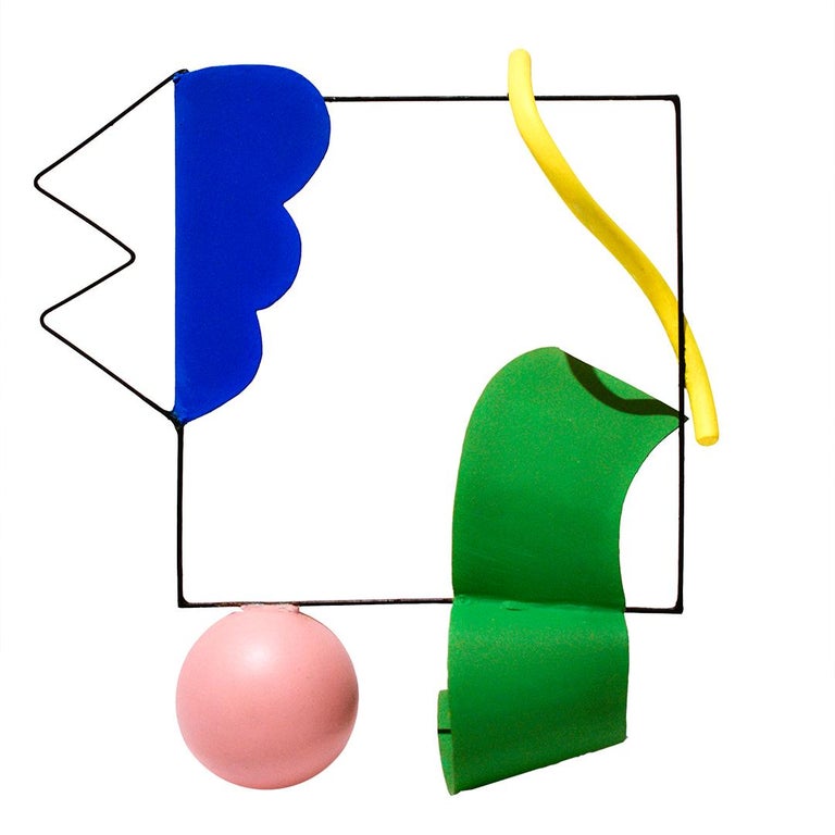 Trapeze Poly (Colorful Abstract Mid Century Modern Inspired Balancing Sculpture) by Leon Smith
Small, abstract tabletop sculpture in blue, yellow, green, pink, and black painted aluminum and steel 
12 x 16 x 6 inches, acrylic painted aluminum and