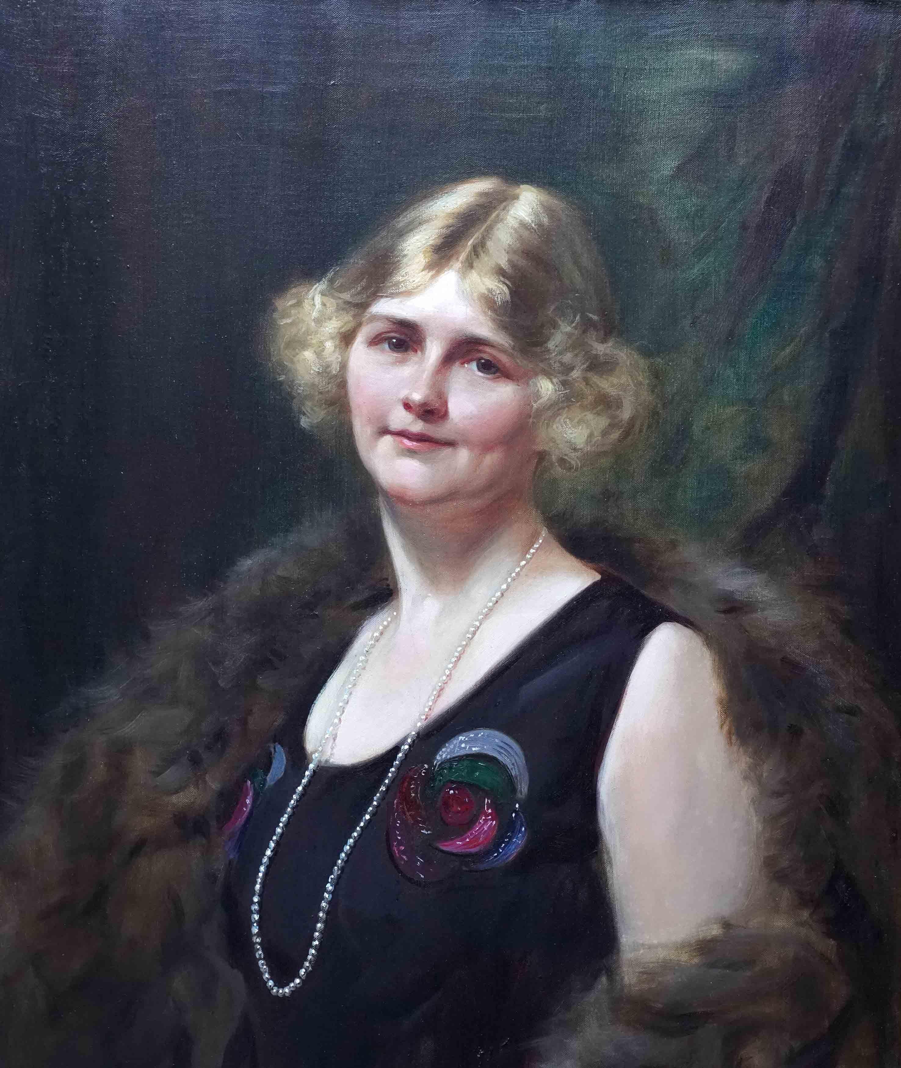 Art Deco Porträt einer Dame - Britische 1920er Jahre Kunst weibliches Porträt Ölgemälde – Painting von Leon Sprinck